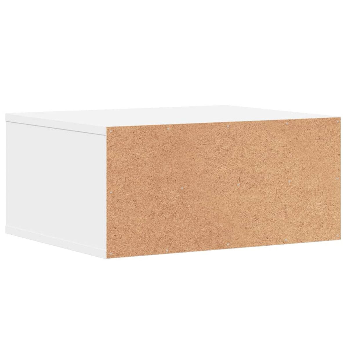 Eine weiße Box mit einer hellbraunen Rückseite. Das Material sieht nach Spanplatte aus.