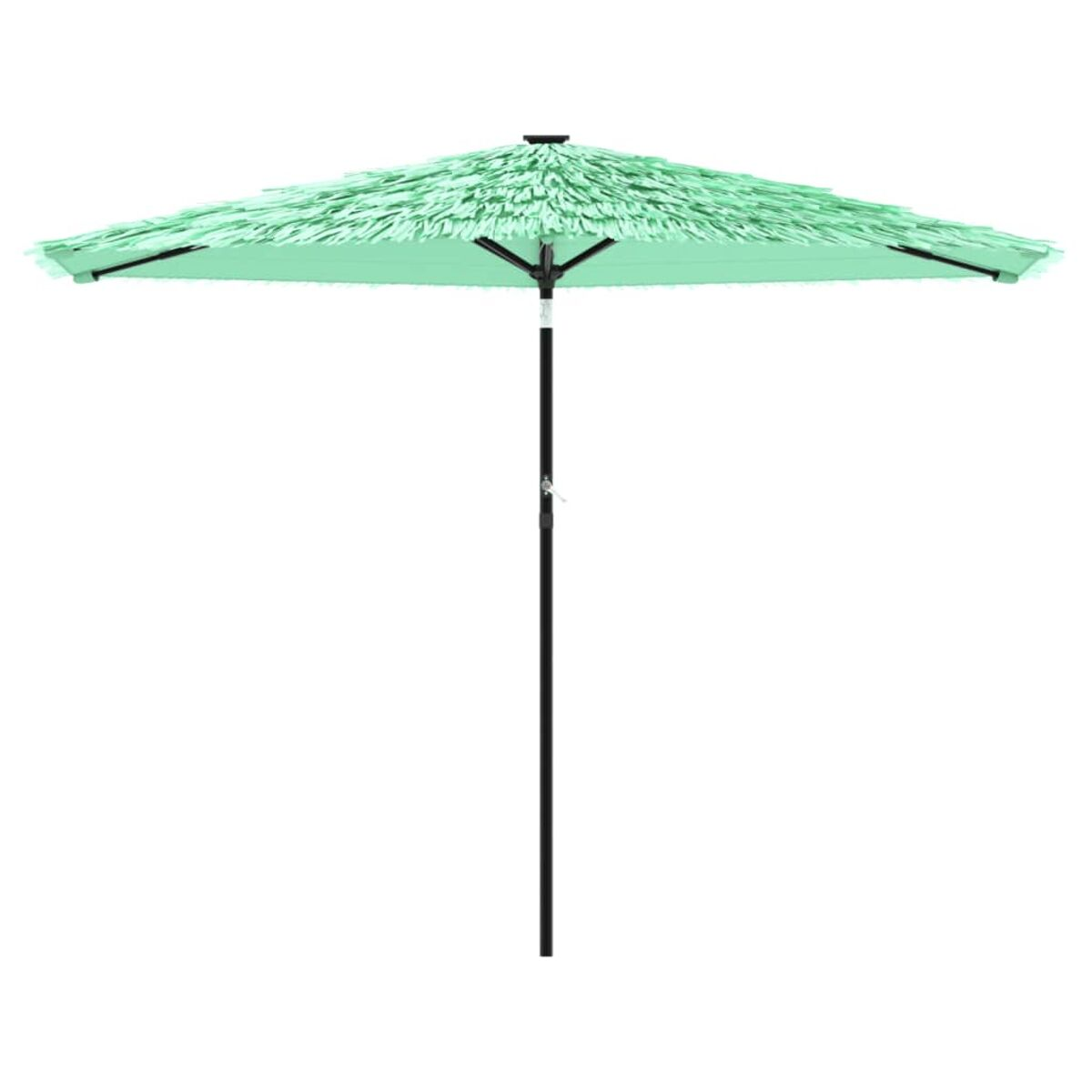 Un ombrello verde aperto con frange, palo nero e sfondo bianco.