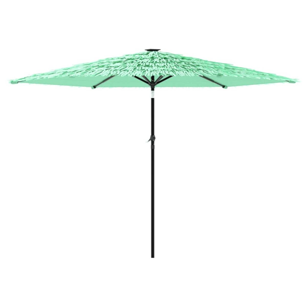 Ombrellone verde e bianco con frange, palo nero, su sfondo bianco.