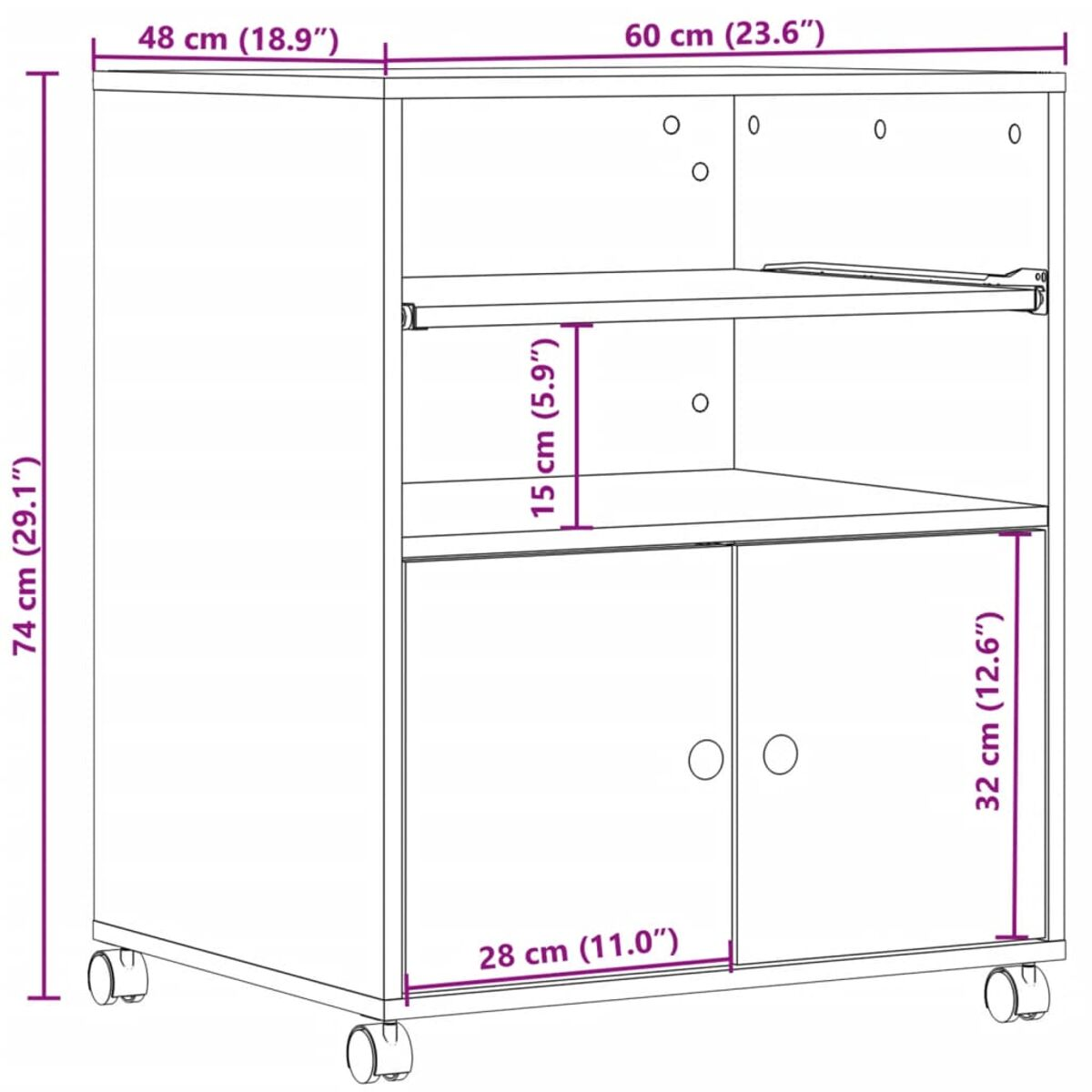Weißer Schrank mit Rädern. Er hat zwei Türen, ein Regal und ist weiß mit schwarzen Akzenten.