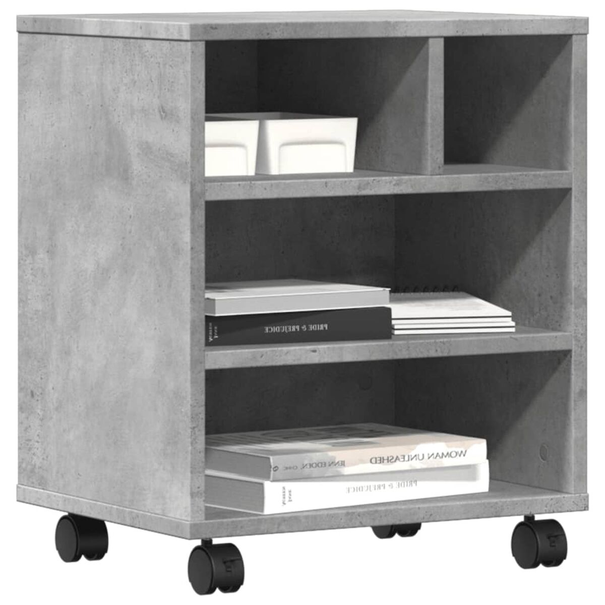 Grauer Schrank mit Regalen, enthält Bücher und weiße Boxen auf Rädern.