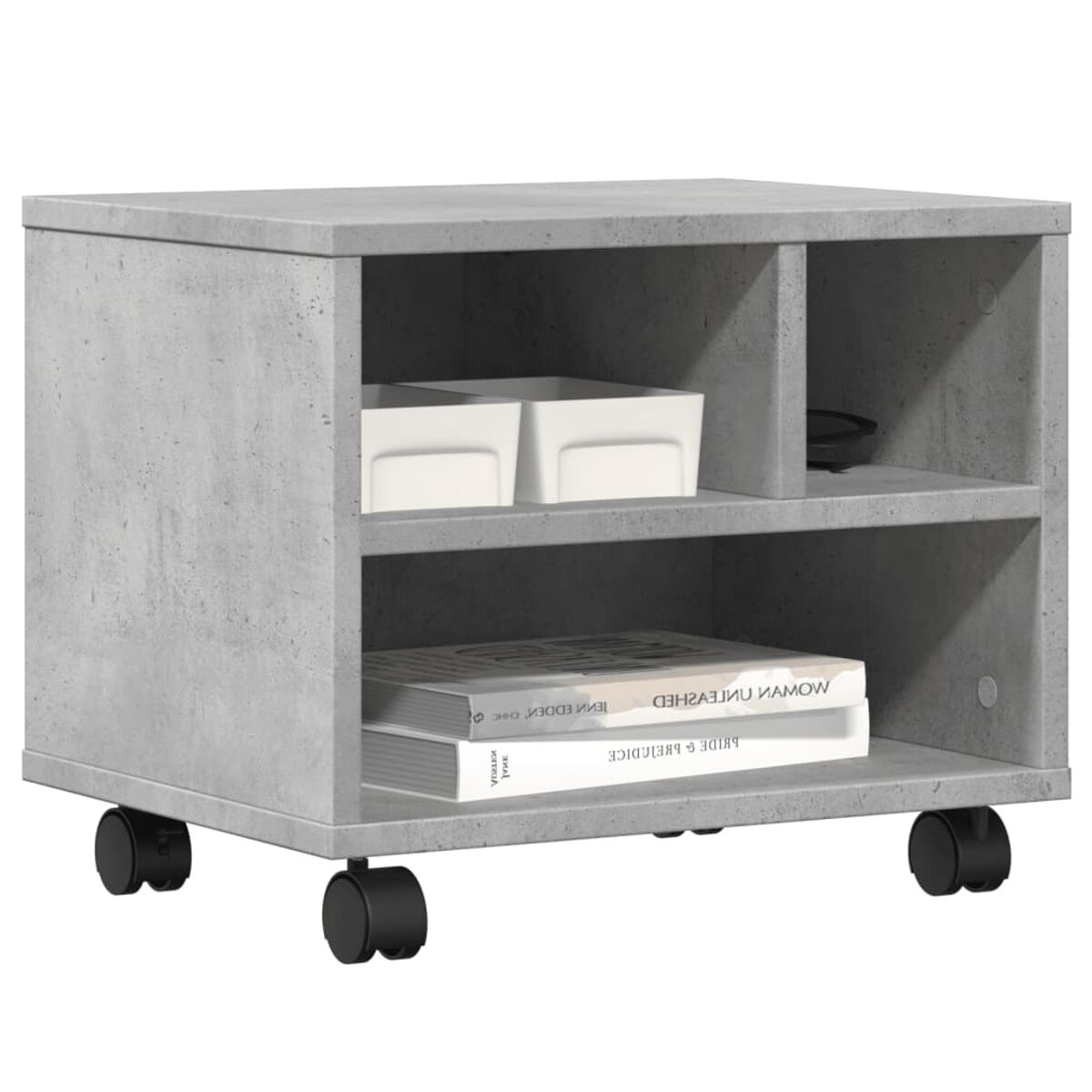 Schrank im Beton-Stil auf Rollen, mit zwei Regalen und Stauraum.