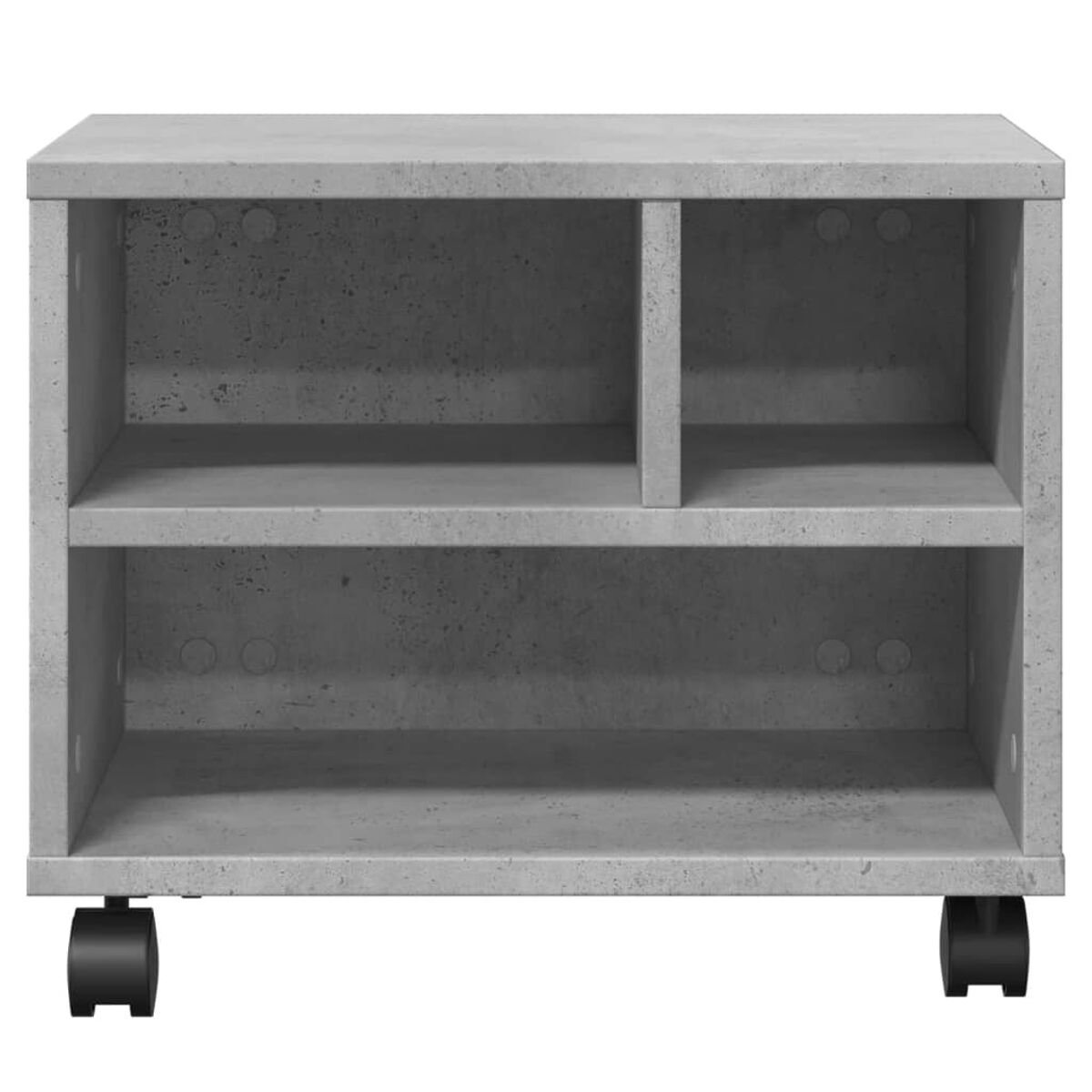 Ein grauer Beton-Aufbewahrungsschrank für den Außenbereich mit Regalen und Rädern.