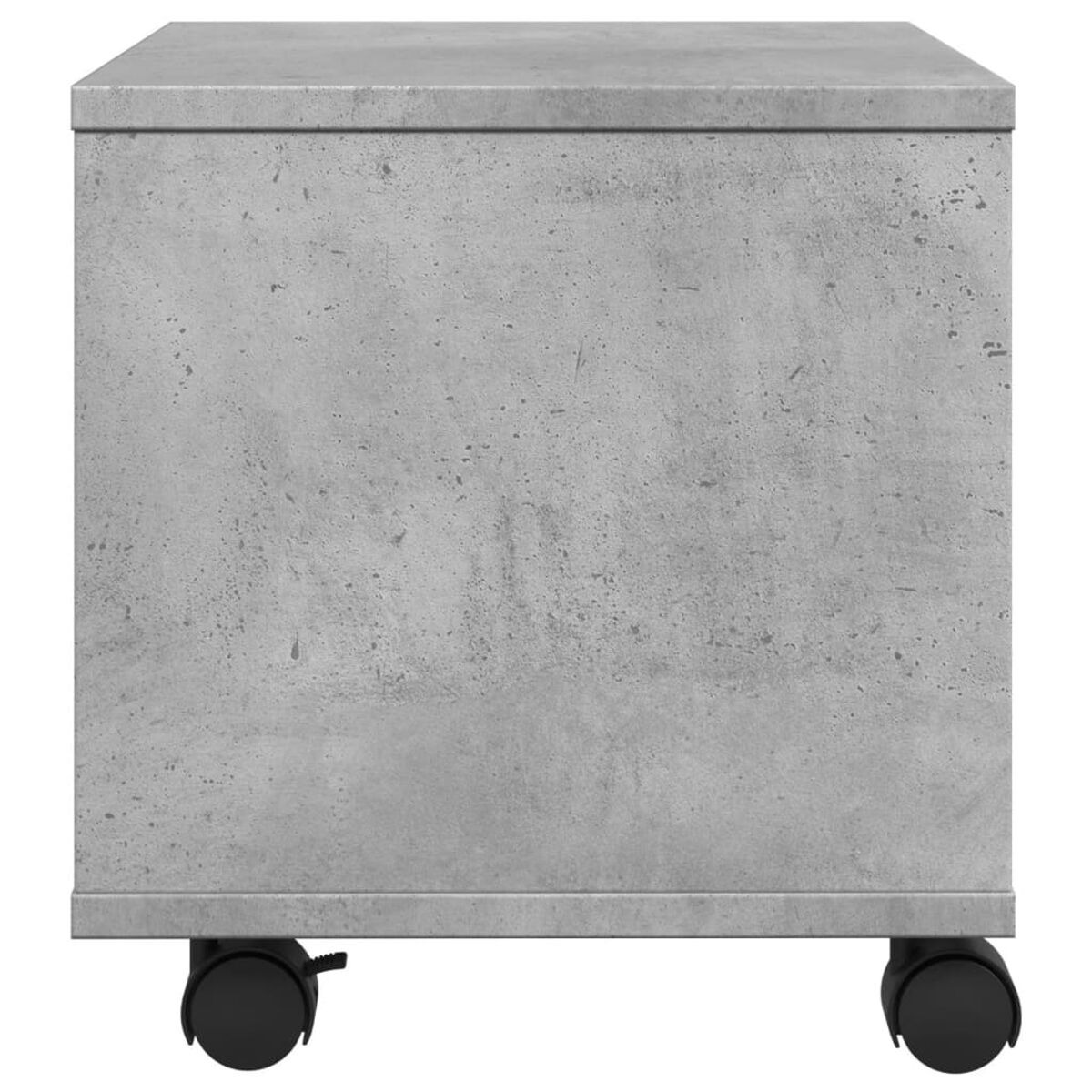 Grauer, betonartiger Schrank. Er hat Rollen an der Unterseite.