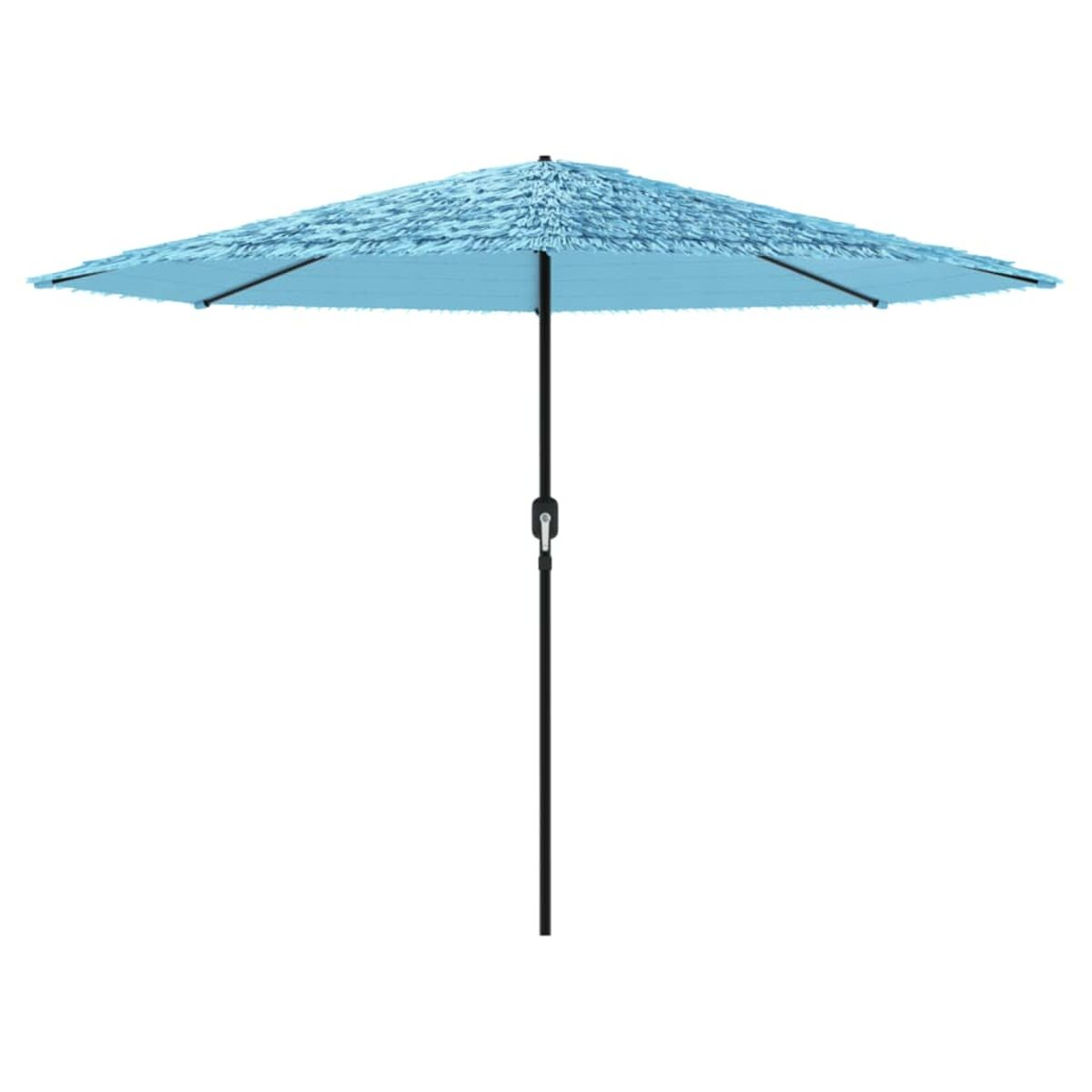 Un ombrellone blu con frange e un palo nero. L'ombrellone è aperto e ha uno sfondo bianco chiaro.