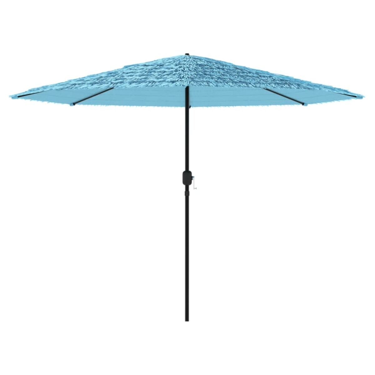 Ombrellone blu con frange su palo nero, aperto su sfondo bianco, design semplice.