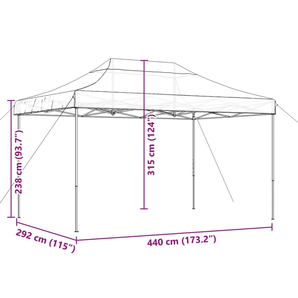 Pop-up-Pavillon mit Markierungen, vor weißem Hintergrund.