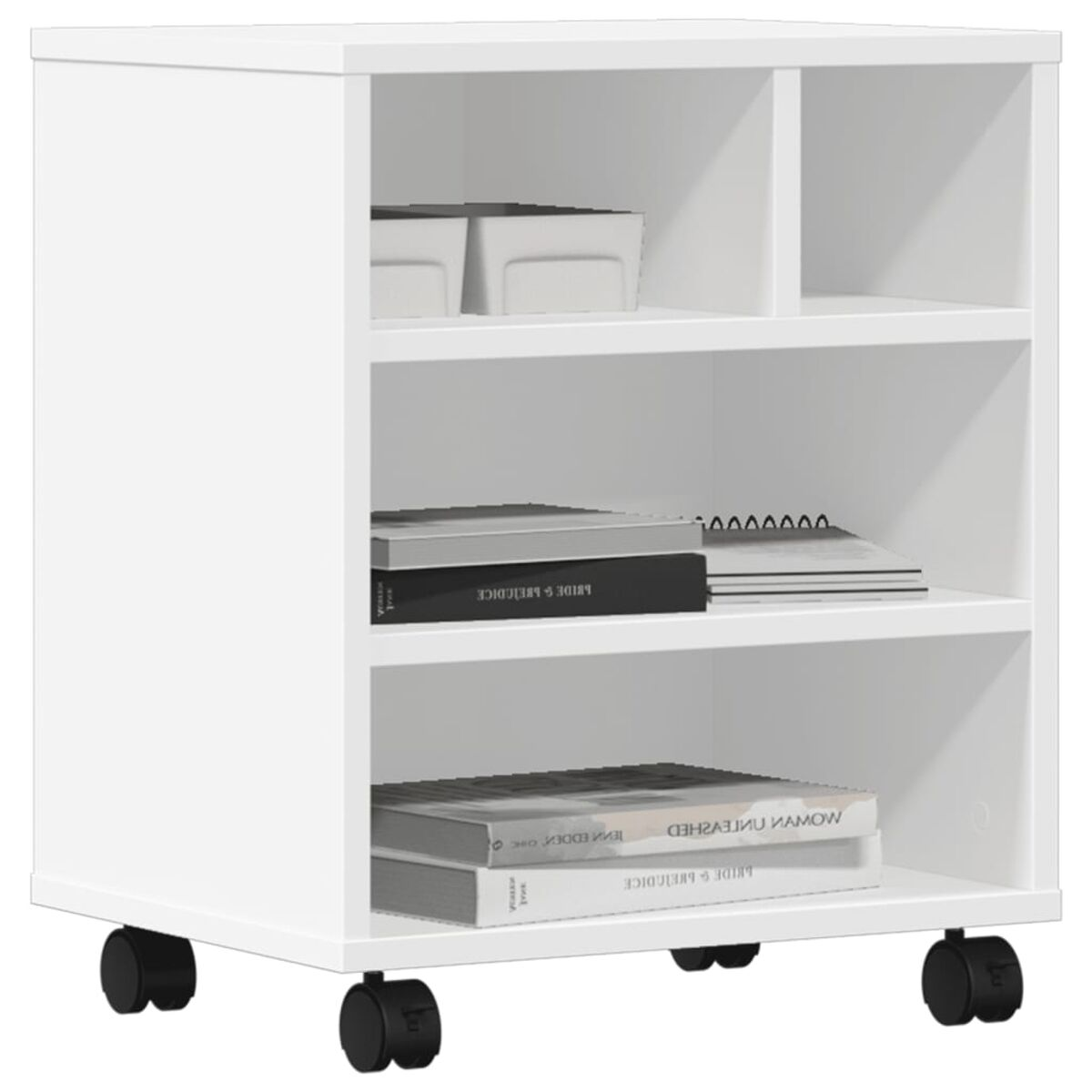 Ein weißer Schrank mit mehreren Fächern, in dem Bücher und andere Gegenstände aufbewahrt werden.