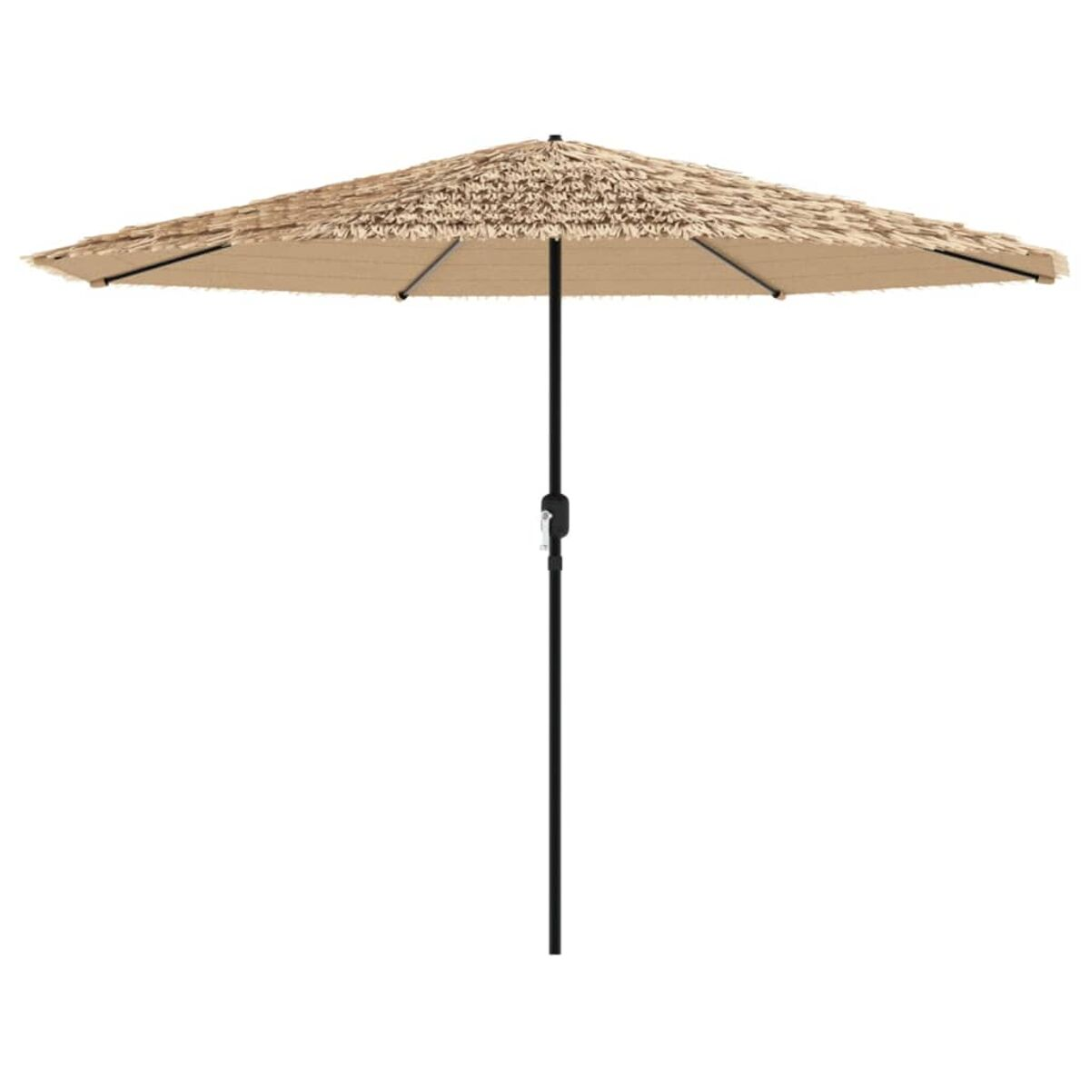 Ombrellone beige, aperto, con palo nero. È al centro, lo sfondo è bianco.