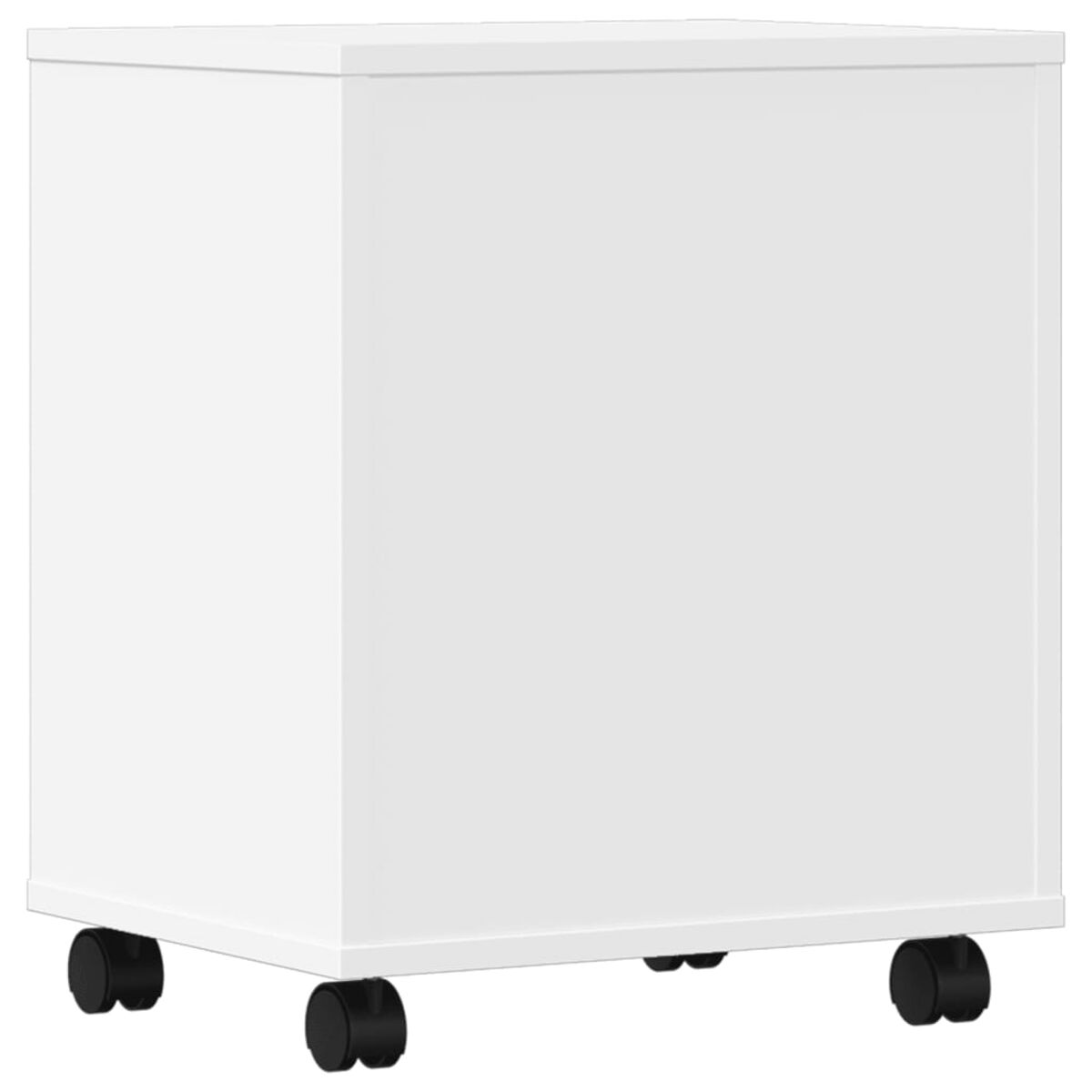 Weißer, kastenförmiger Schrank auf Rädern. Schwarze Räder sind unten sichtbar.