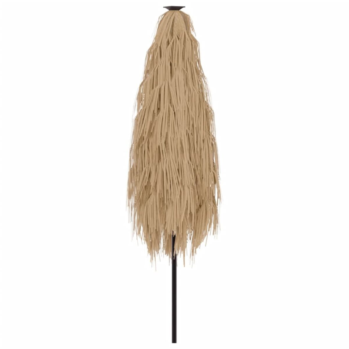 Ombrello chiuso, beige con frange e palo nero, isolato su sfondo bianco.