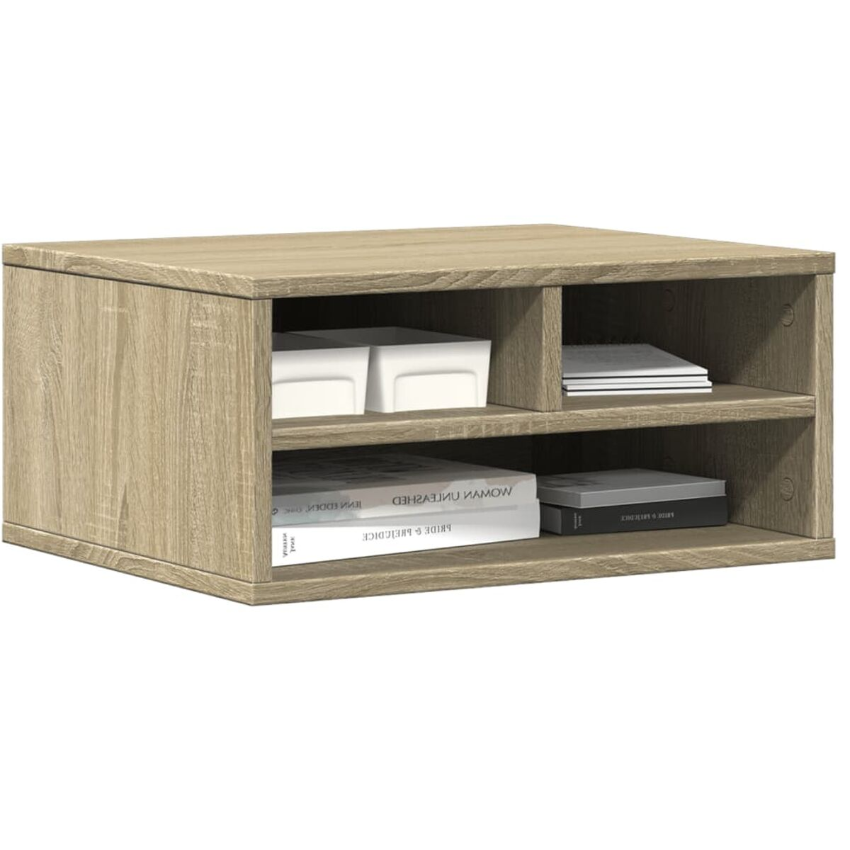 Ein helles Holzregal mit Regalen, die Bücher und Kisten enthalten. Neutrale Farbe und schlichtes Design.
