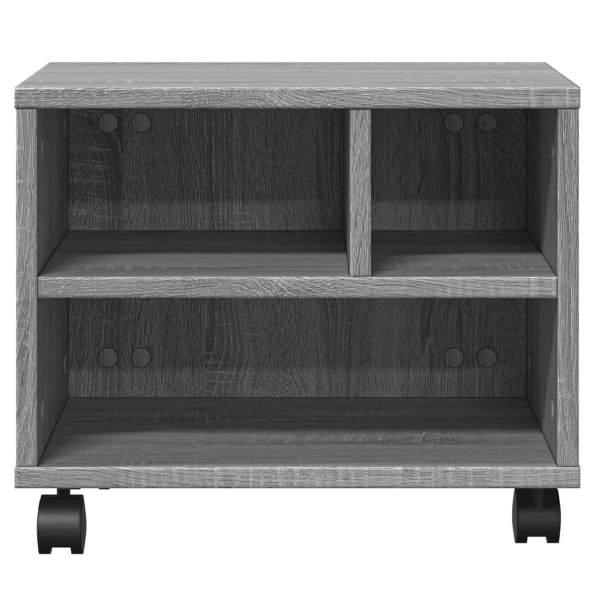 Ein grauer Holzschrank mit zwei Regalen und schwarzen Rädern, vor weißem Hintergrund.