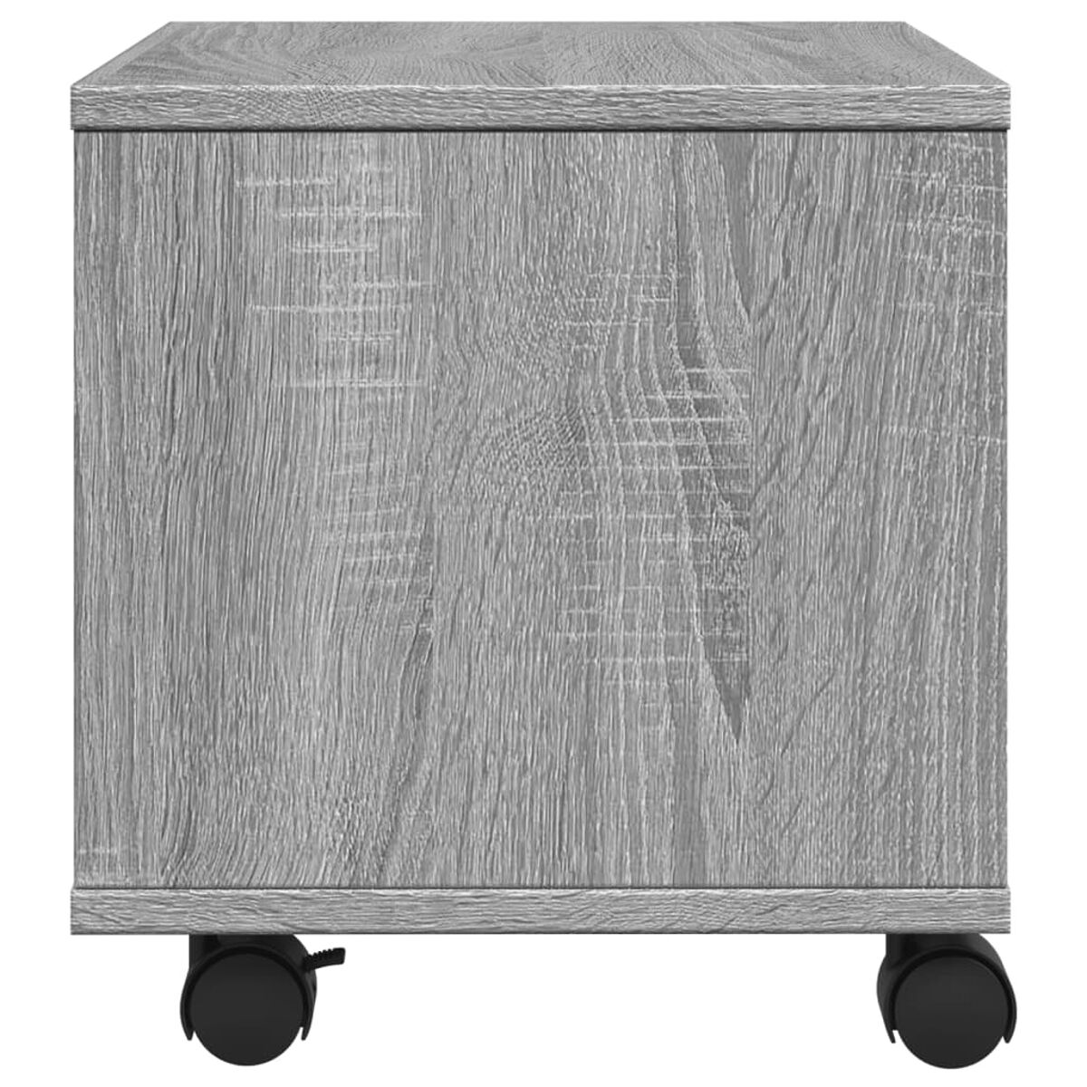 Ein grauer Holzschrank mit Rollen, von der Seite betrachtet.