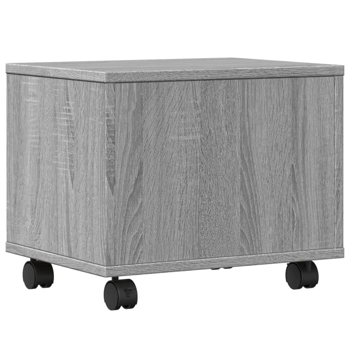 Ein grauer Holzschrank mit zwei Regalen und vier schwarzen Rädern.
