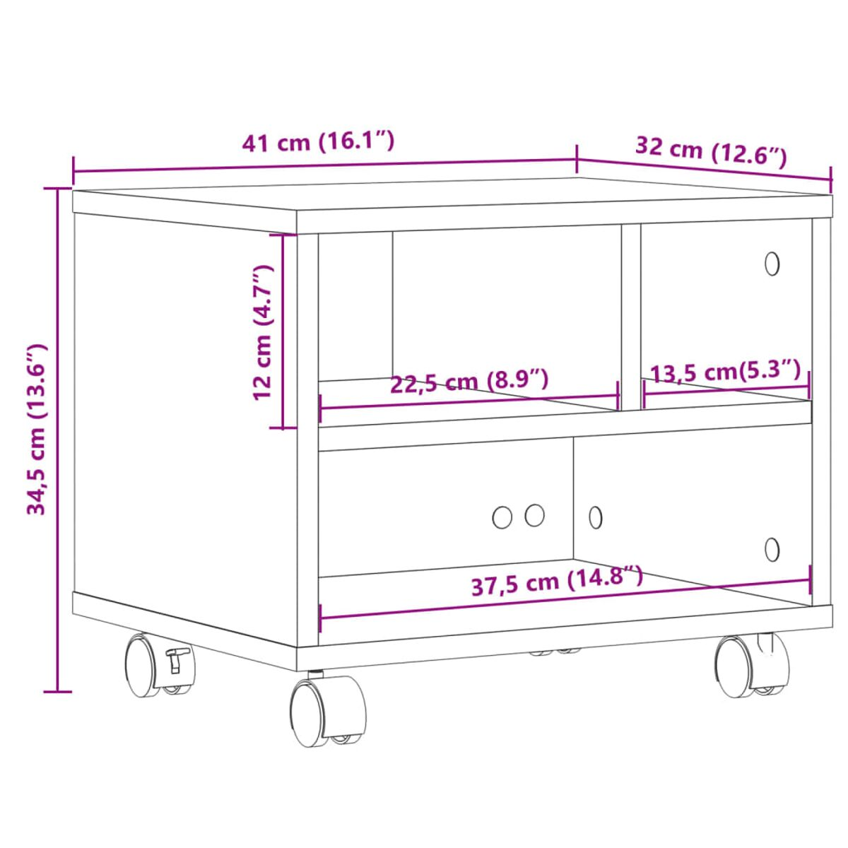 Weißer Holzschrank auf Rädern, mit offenen Regalen und einem Stauraum.