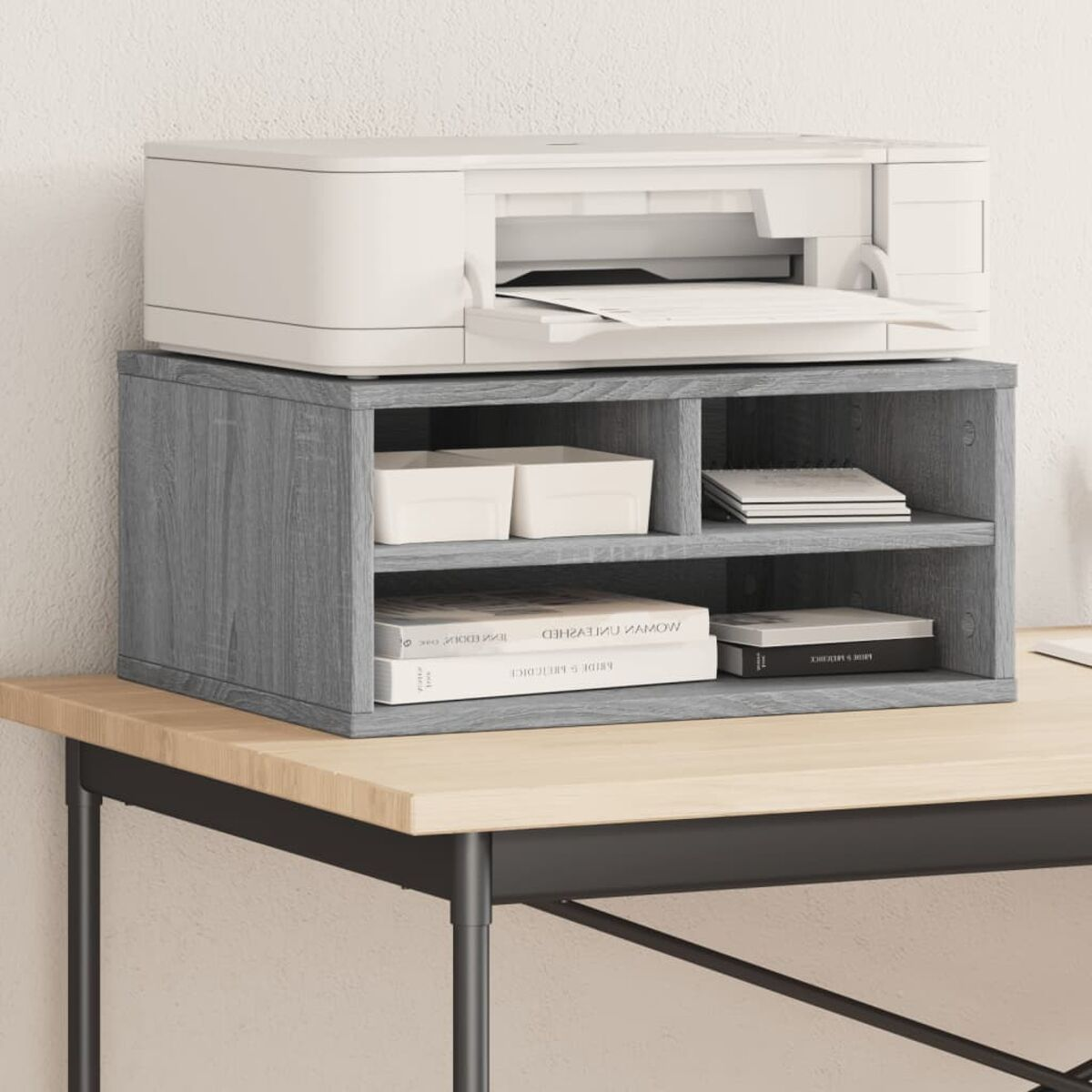 Ein Drucker auf einem grauen Aufbewahrungsregal mit zwei Regalen auf einem Tisch.