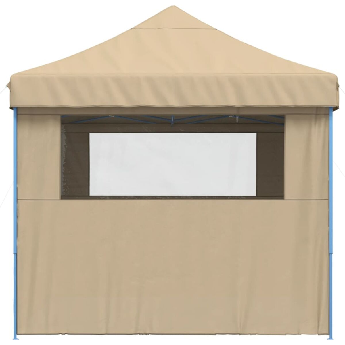 Beiges Outdoor-Zelt mit weißem Displaybereich. Blauer Rahmen und weißer Hintergrund.
