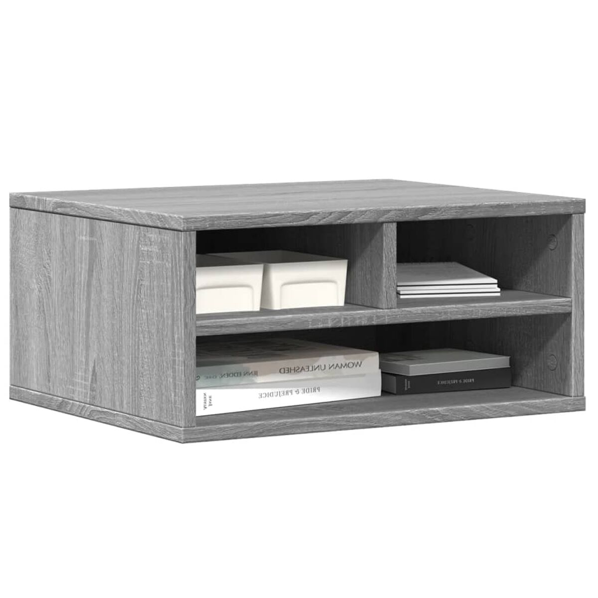 Grauer Holzschrank mit zwei Regalen. Weiße Boxen und Bücher sind sichtbar.
