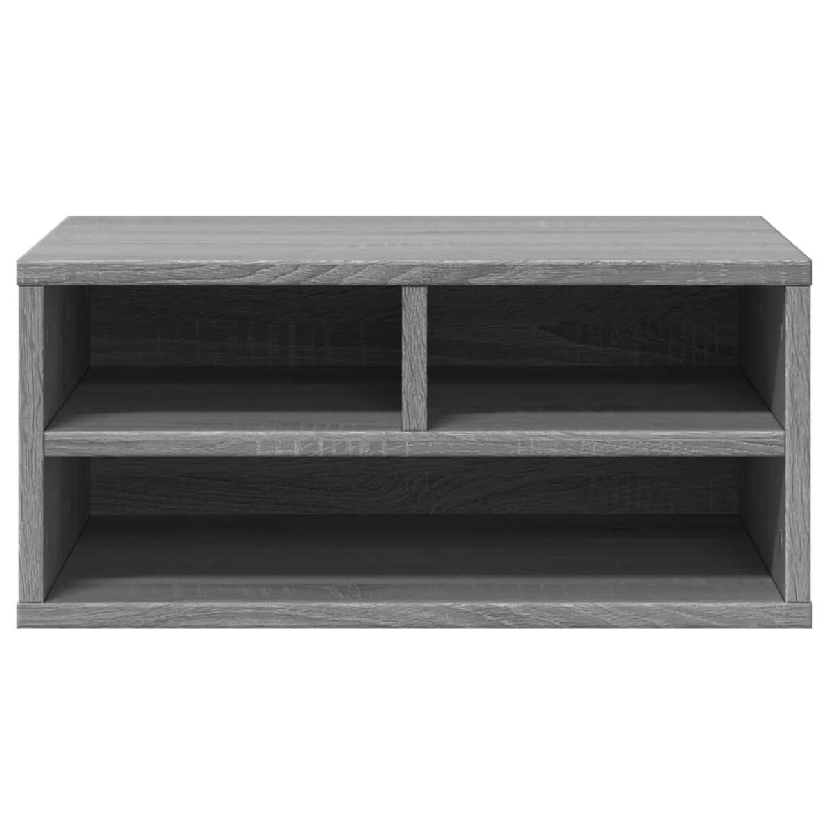 Ein grauer Holzschrank mit zwei Regalen und einer Trennwand in der Mitte.