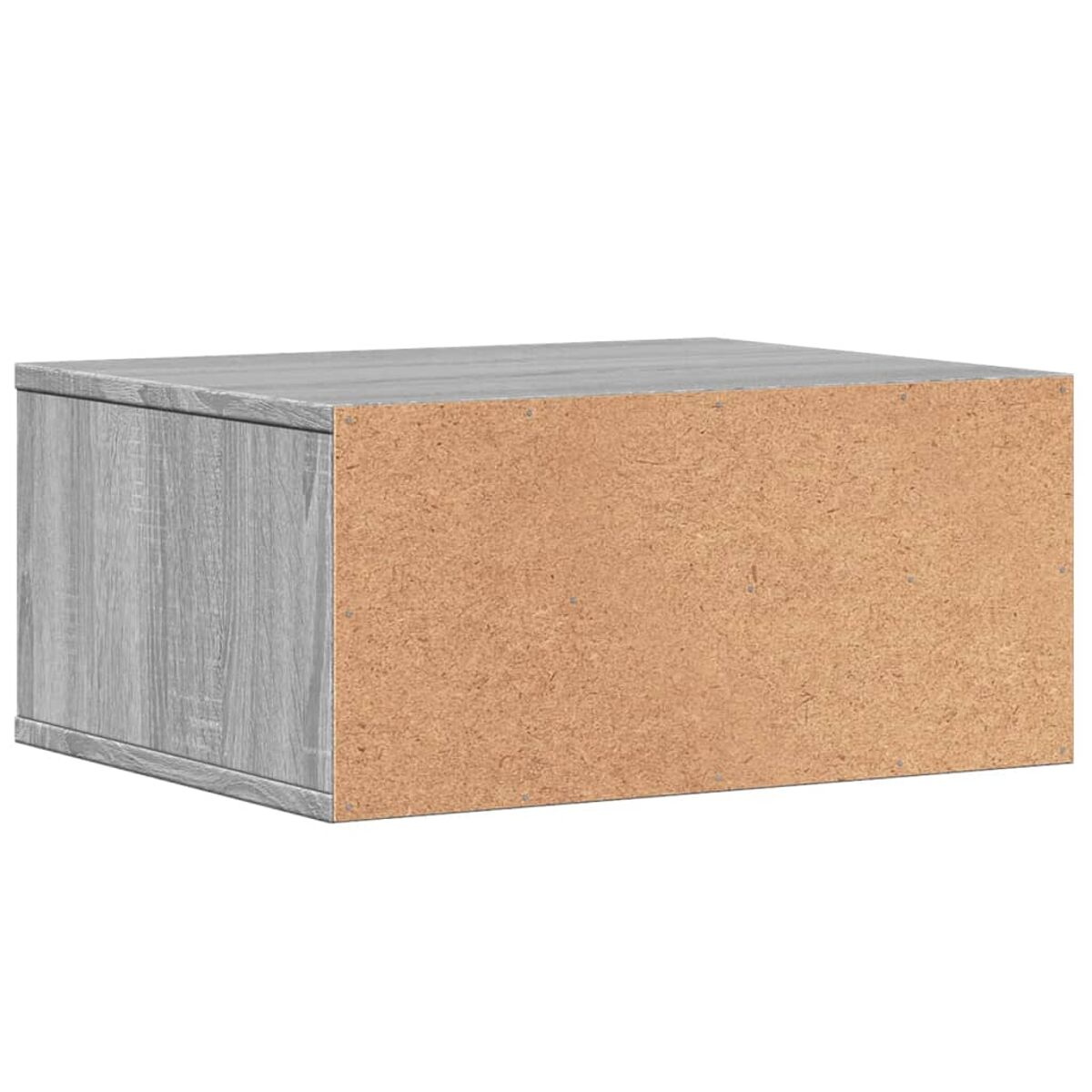 Eine graue Holzkiste von der Seite, mit einer Seitenwand aus Sperrholz.