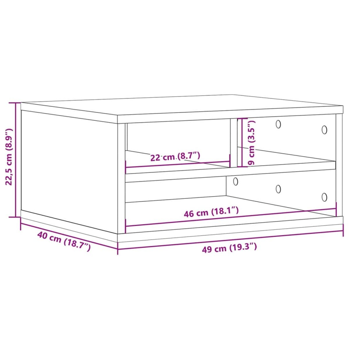Ein Diagramm mit den Abmessungen eines rechteckigen Schranks, mit Maßen in cm und Zoll.
