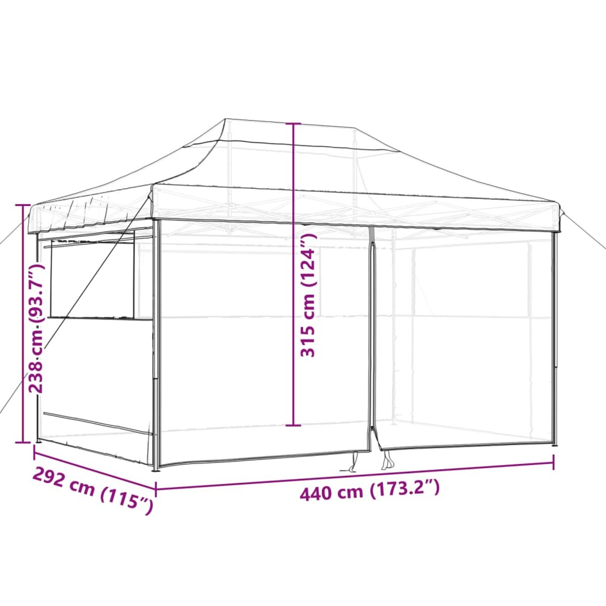 Weißes Outdoor-Zelt mit in Zentimetern beschrifteten Abmessungen, vor weißem Hintergrund.