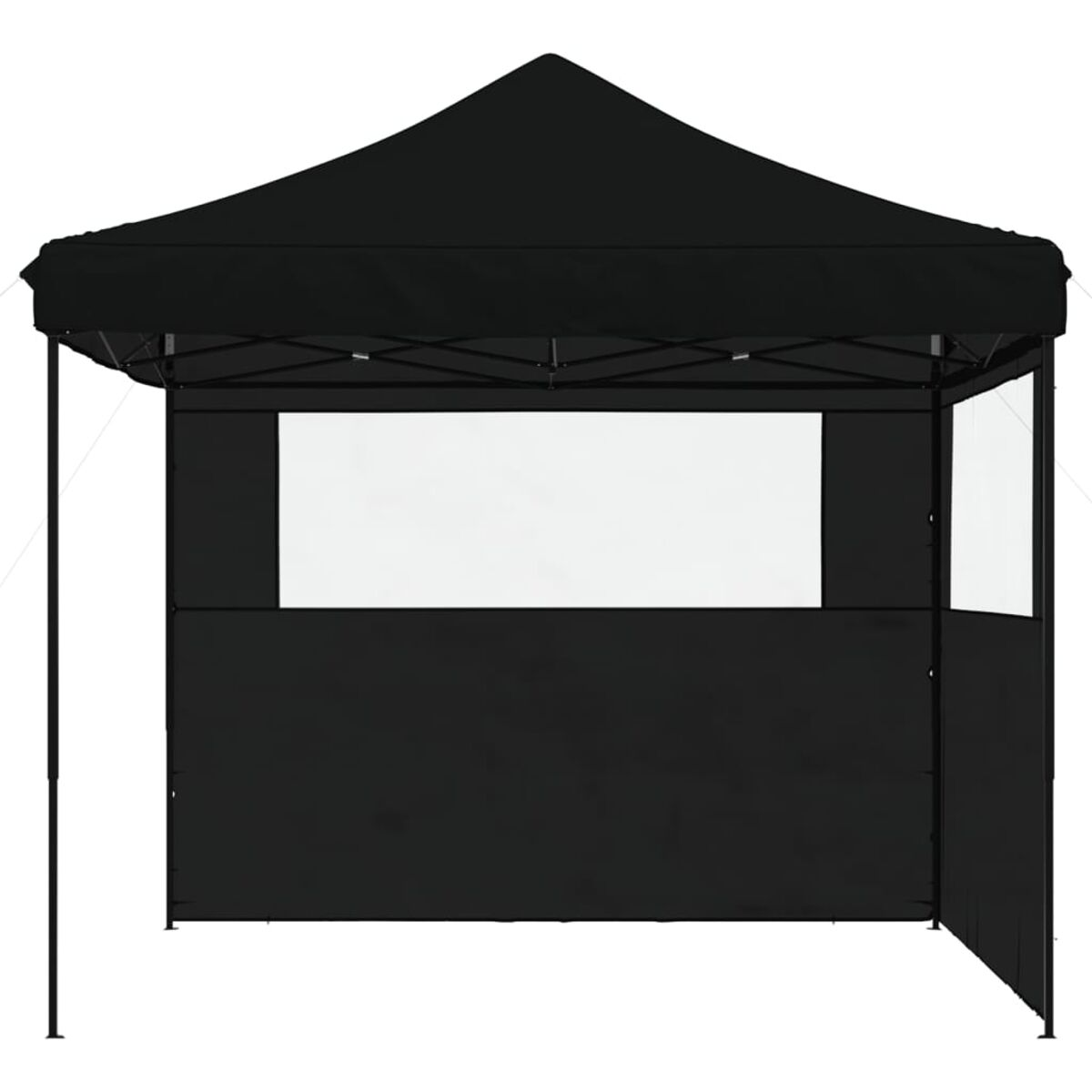 Schwarzes Pop-up-Zelt mit weißem Hintergrundpaneel und Seitenpaneel mit Fenster.