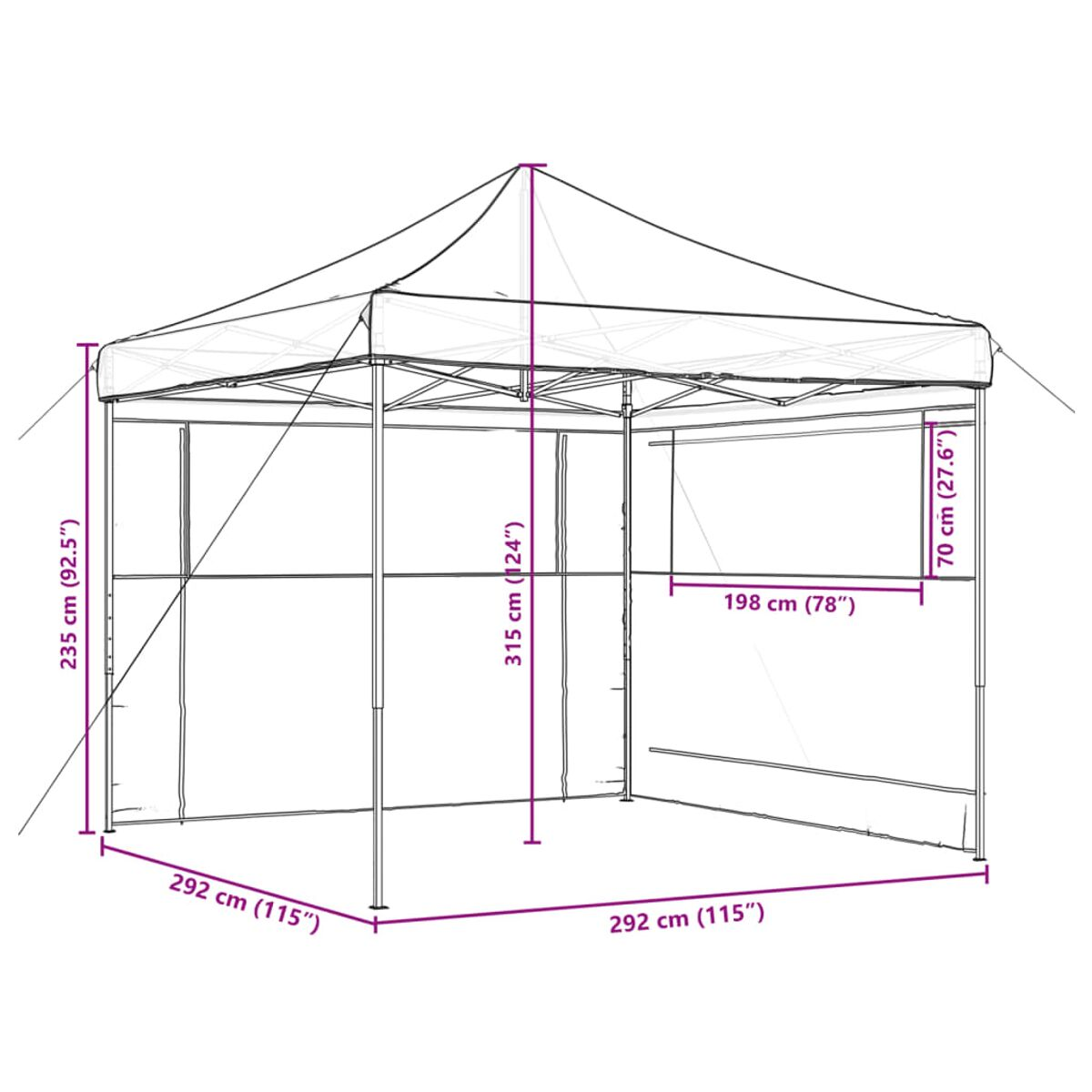 Strichzeichnung eines Pavillons mit Abmessungen in cm und Zoll.