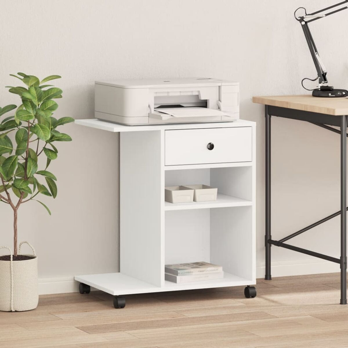 Weißer Drucker-Ständer mit Schublade und Regalen. Drucker und Pflanze sichtbar.