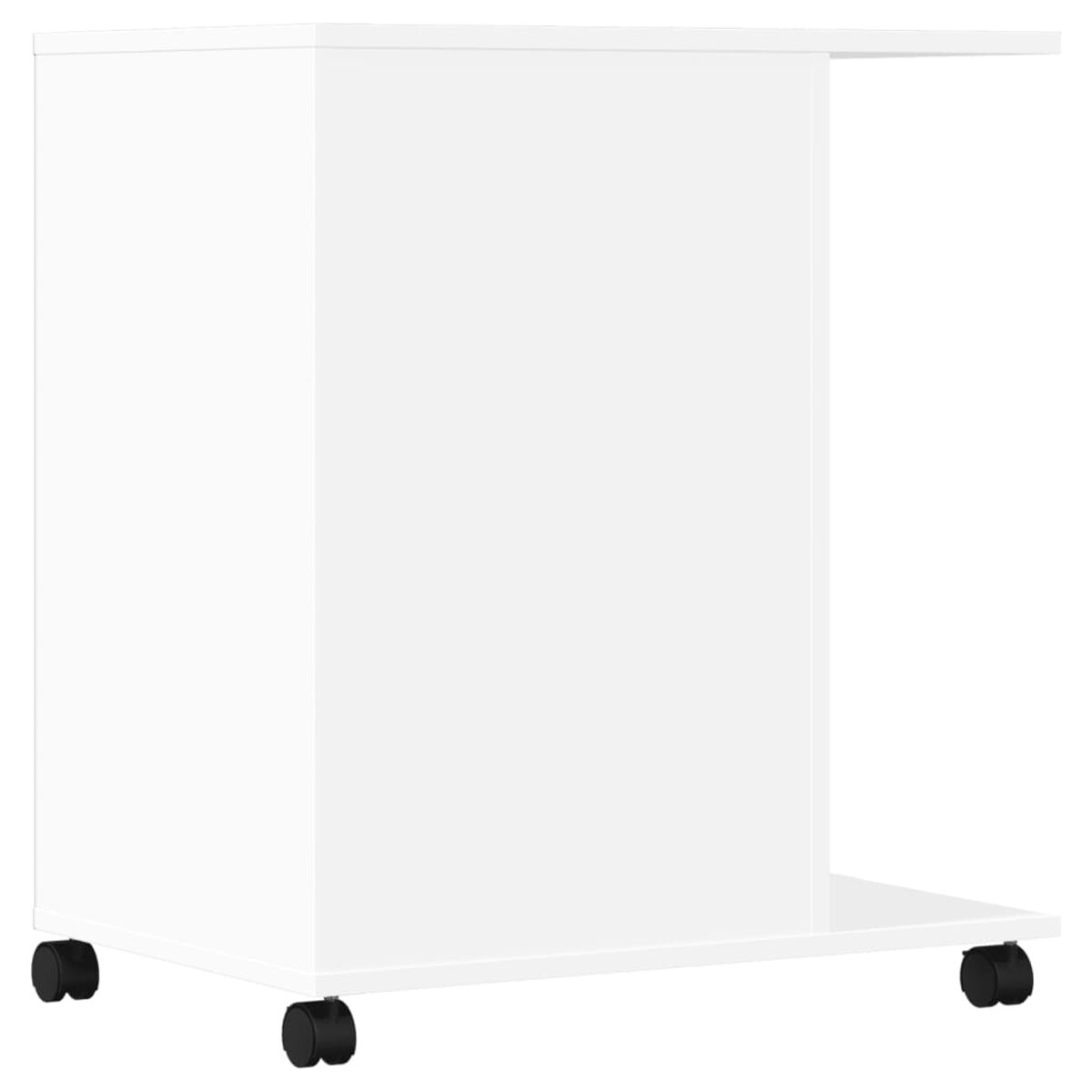 Weißer mobiler Beistelltisch. Schlichtes Design mit Regal und Rädern.