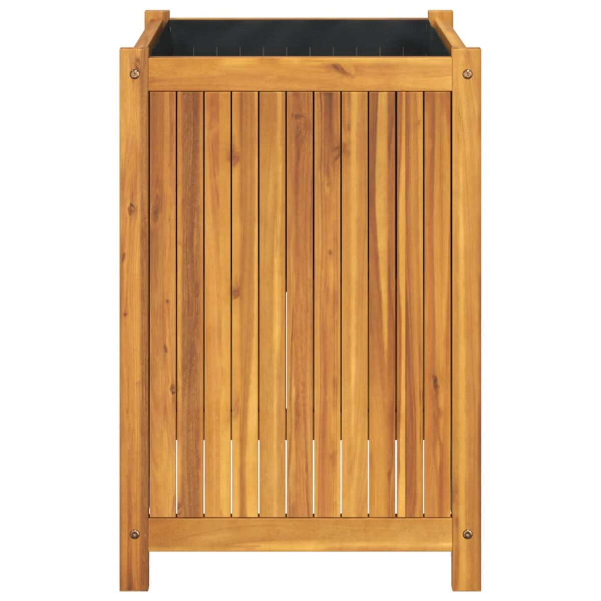 Ein Holzpflanzkasten mit vertikalen Lamellen, dunklem Innenraum und rechteckiger Form.
