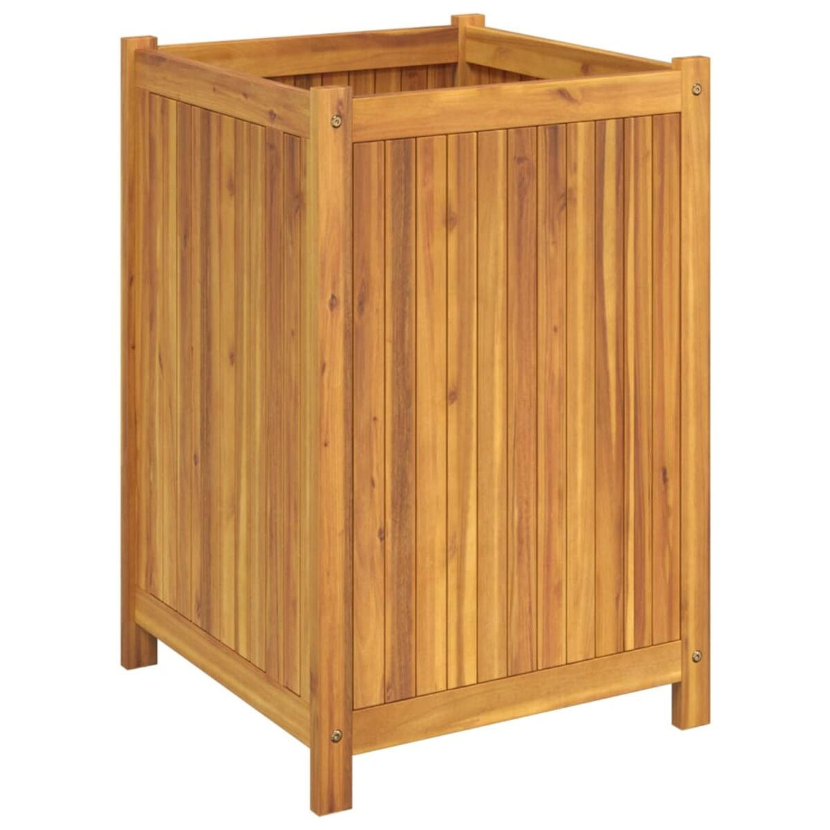 Eine quadratische Pflanzkasten aus Holz mit hellbrauner Farbe. Die Box hat ein einfaches, sauberes Design.