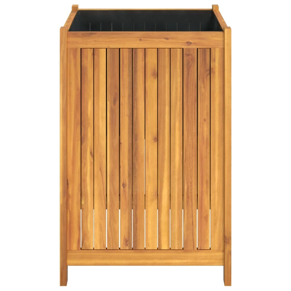 Ein Holzpflanzer mit vertikalen Lamellen und schwarzem Innenraum.