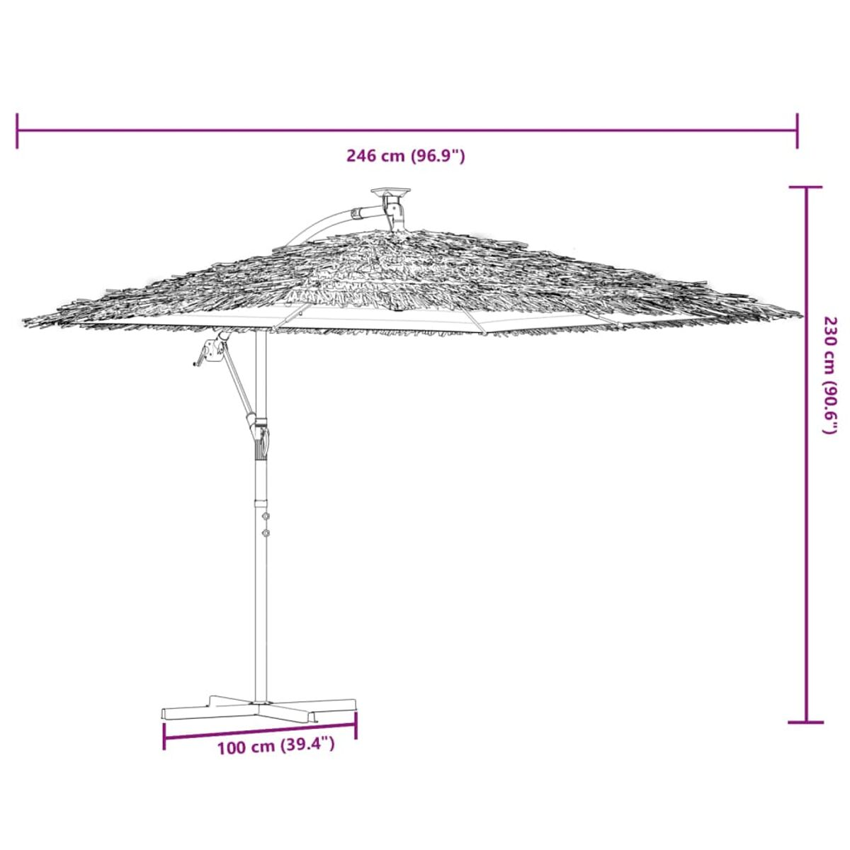 Maße und Details eines Sonnenschirms mit Fransen, mit weißem Hintergrund.