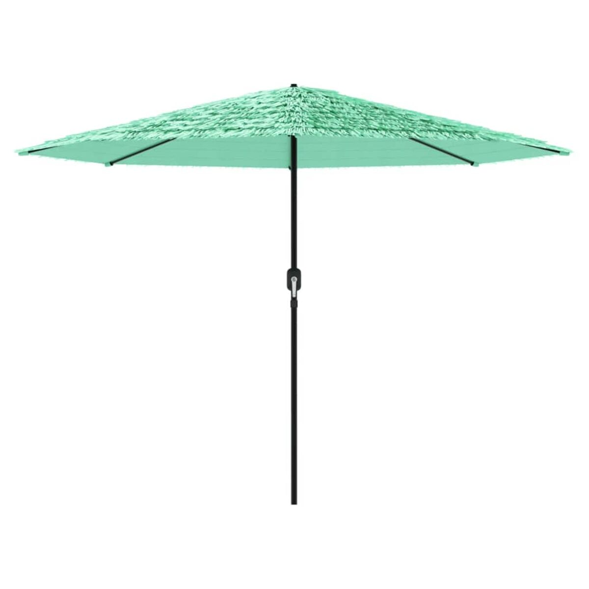 Un ombrellone da patio verde menta con un palo nero, isolato su sfondo bianco.