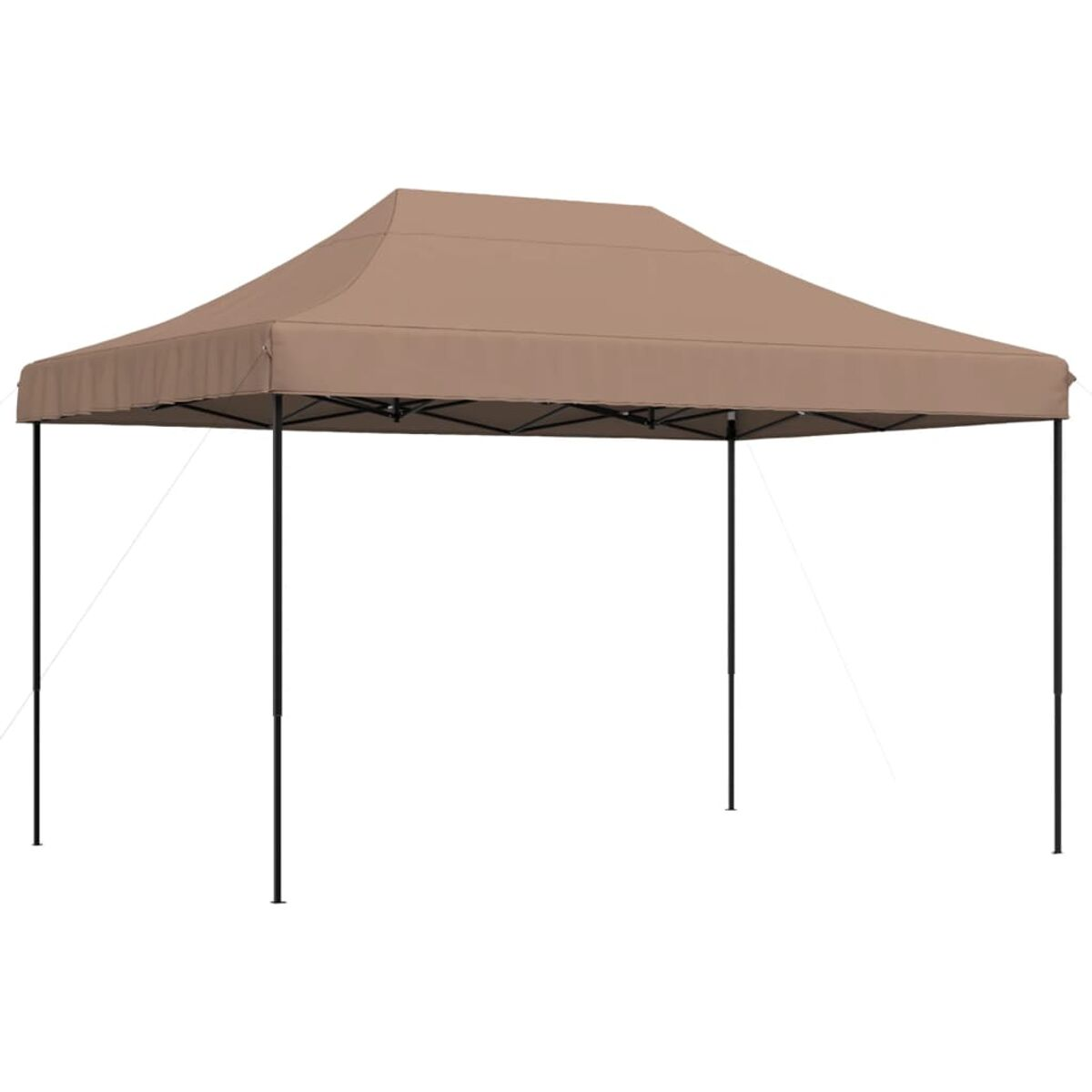 Beiger Pop-up-Pavillon mit schwarzem Rahmen. Weißer Hintergrund.