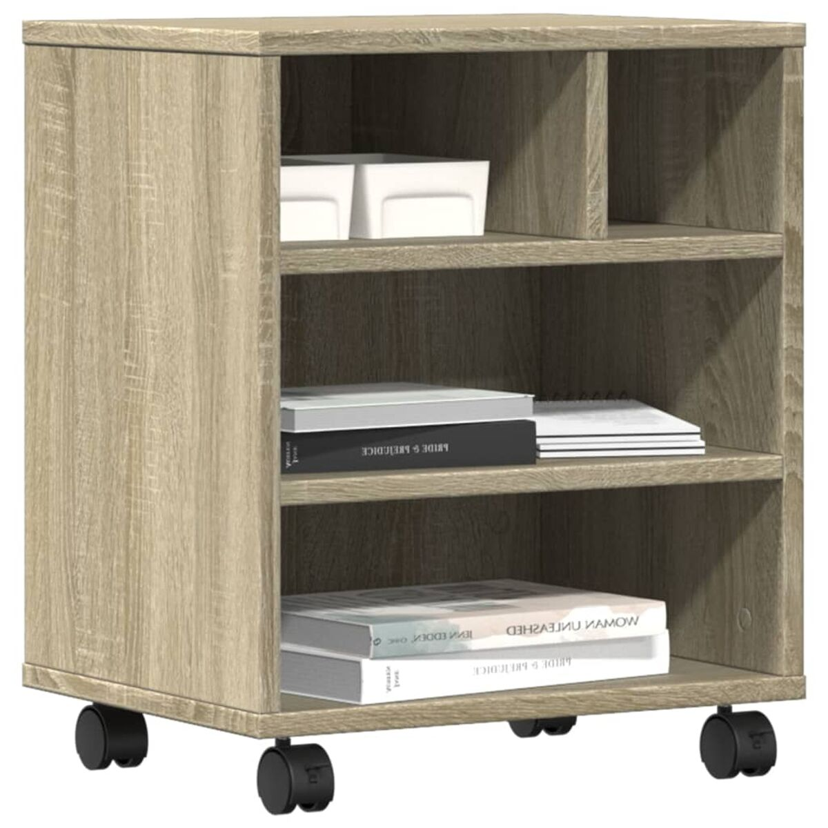 Holzschrank mit Regalen und Rollen. Bücher und Gegenstände sind verstaut.