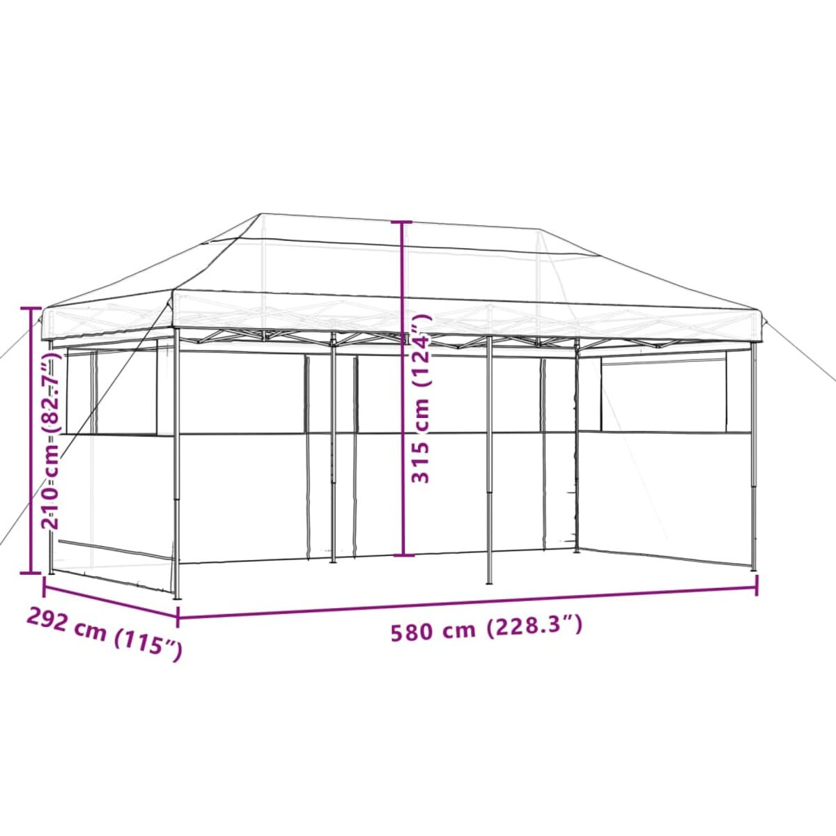 Weißer Pavillon mit beschrifteten Maßen. Weißes Dach und Rahmen. Text überlagert.