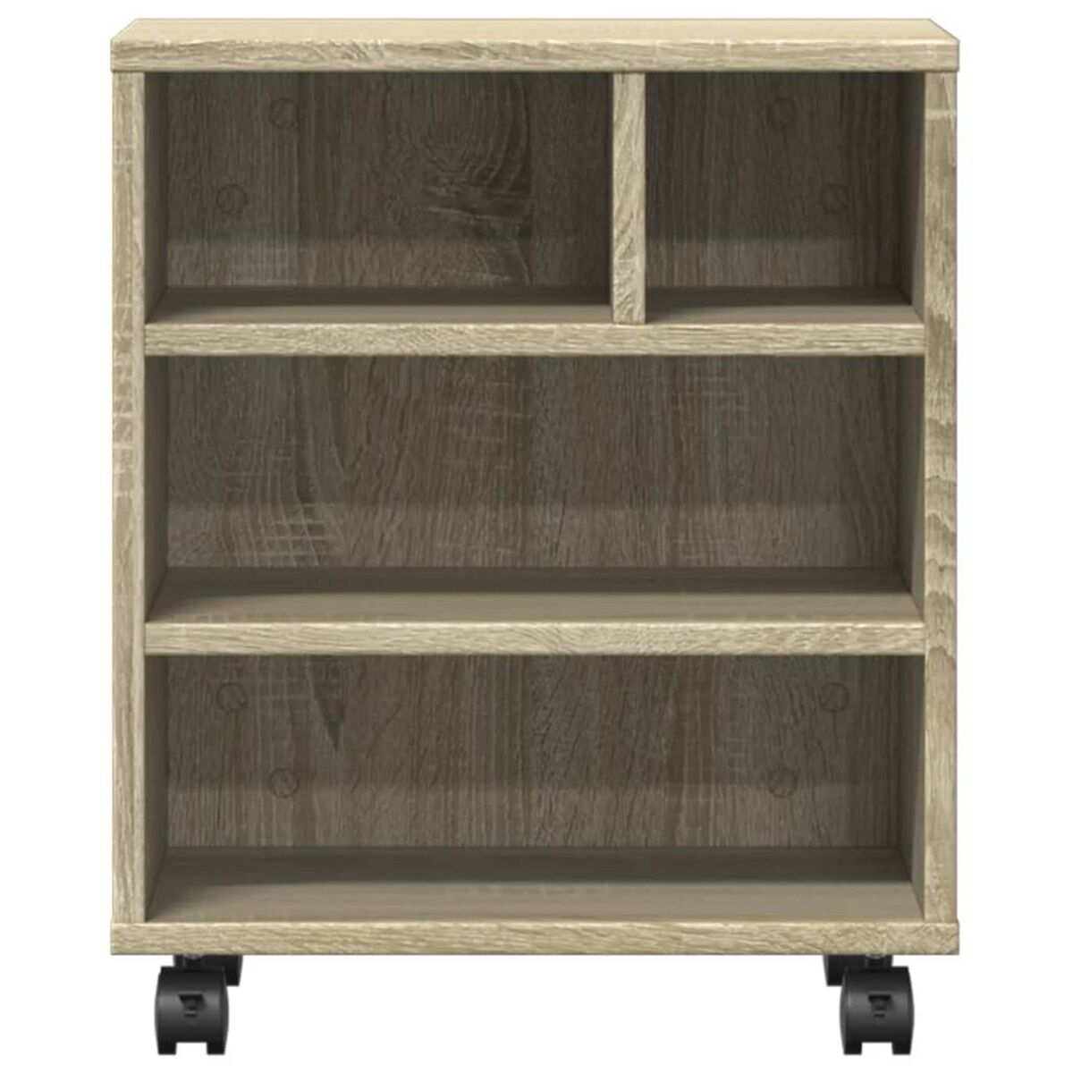 Holzschrank mit Regalen und Rollen. Hellbraune Holzmaserung.
