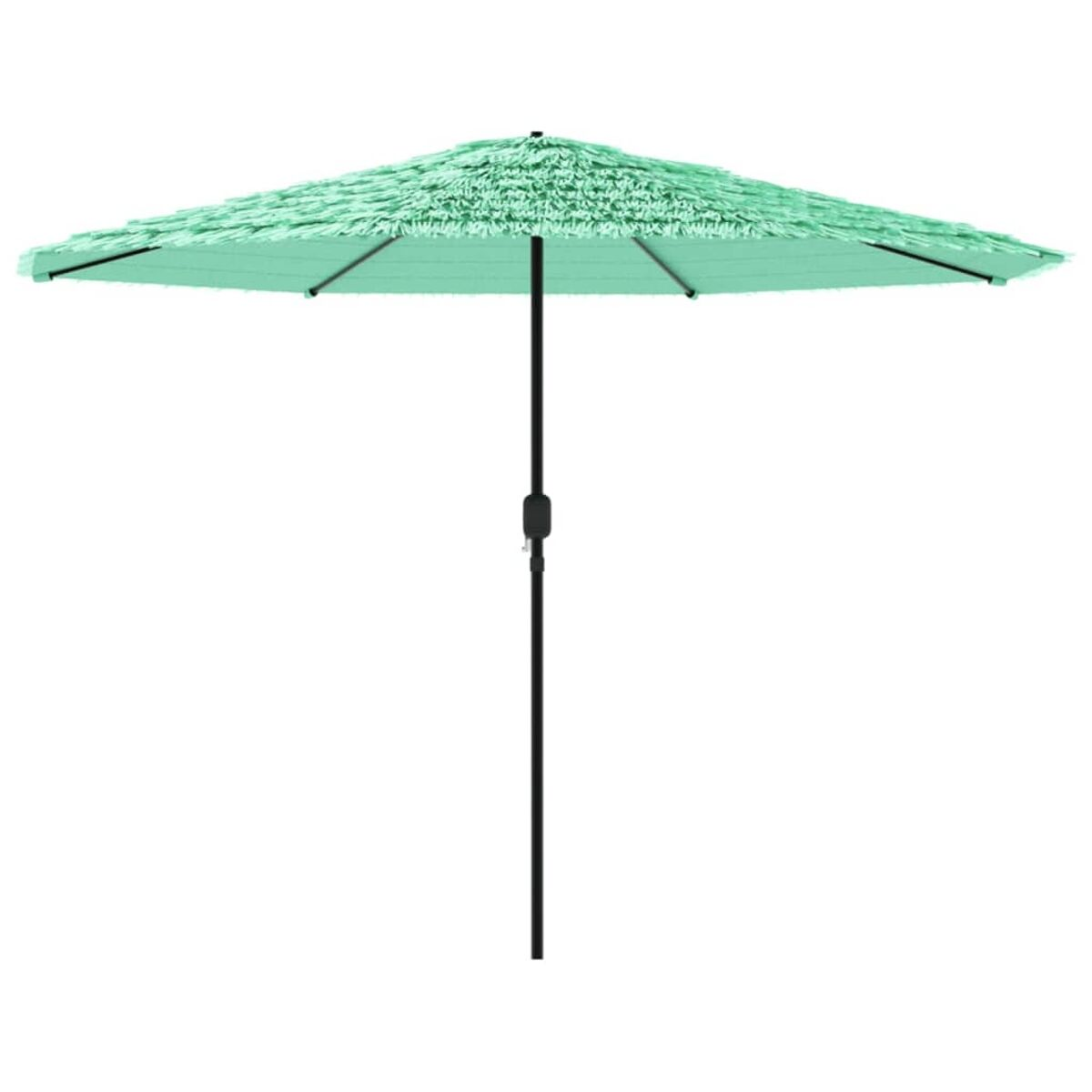 Ombrellone verde con palo nero e frange. L'ombrellone è aperto e proietta un'ombra.