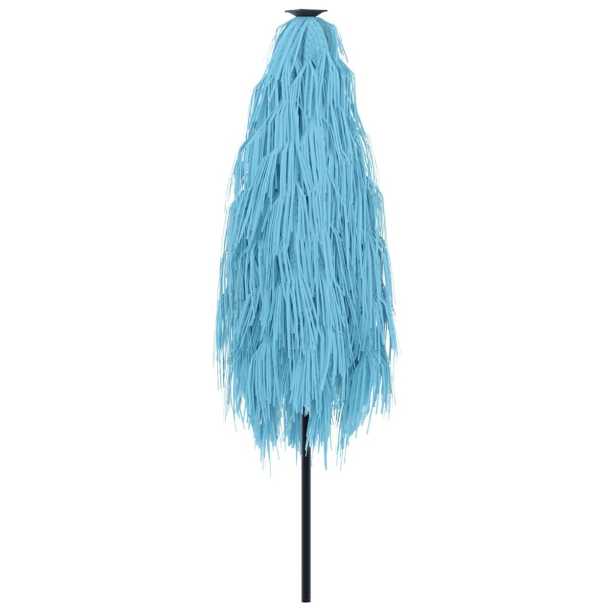 Un ombrello chiuso, azzurro chiaro con frange e un palo nero, su sfondo bianco.