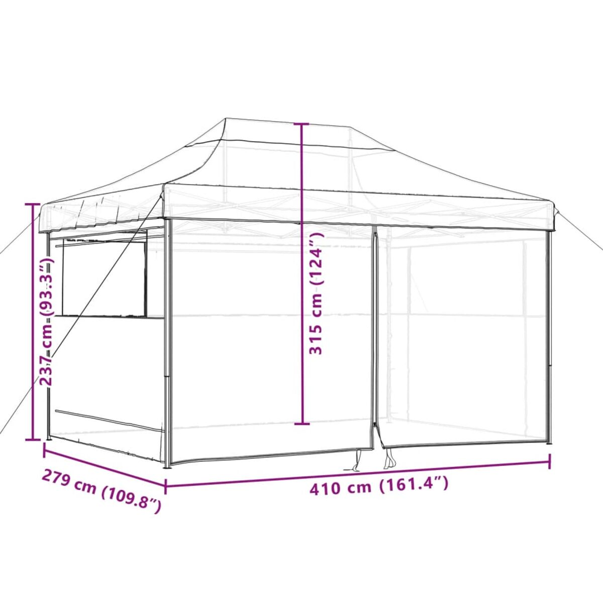 Weißer Pavillon mit beschrifteten Abmessungen, isoliert auf weißem Hintergrund.
