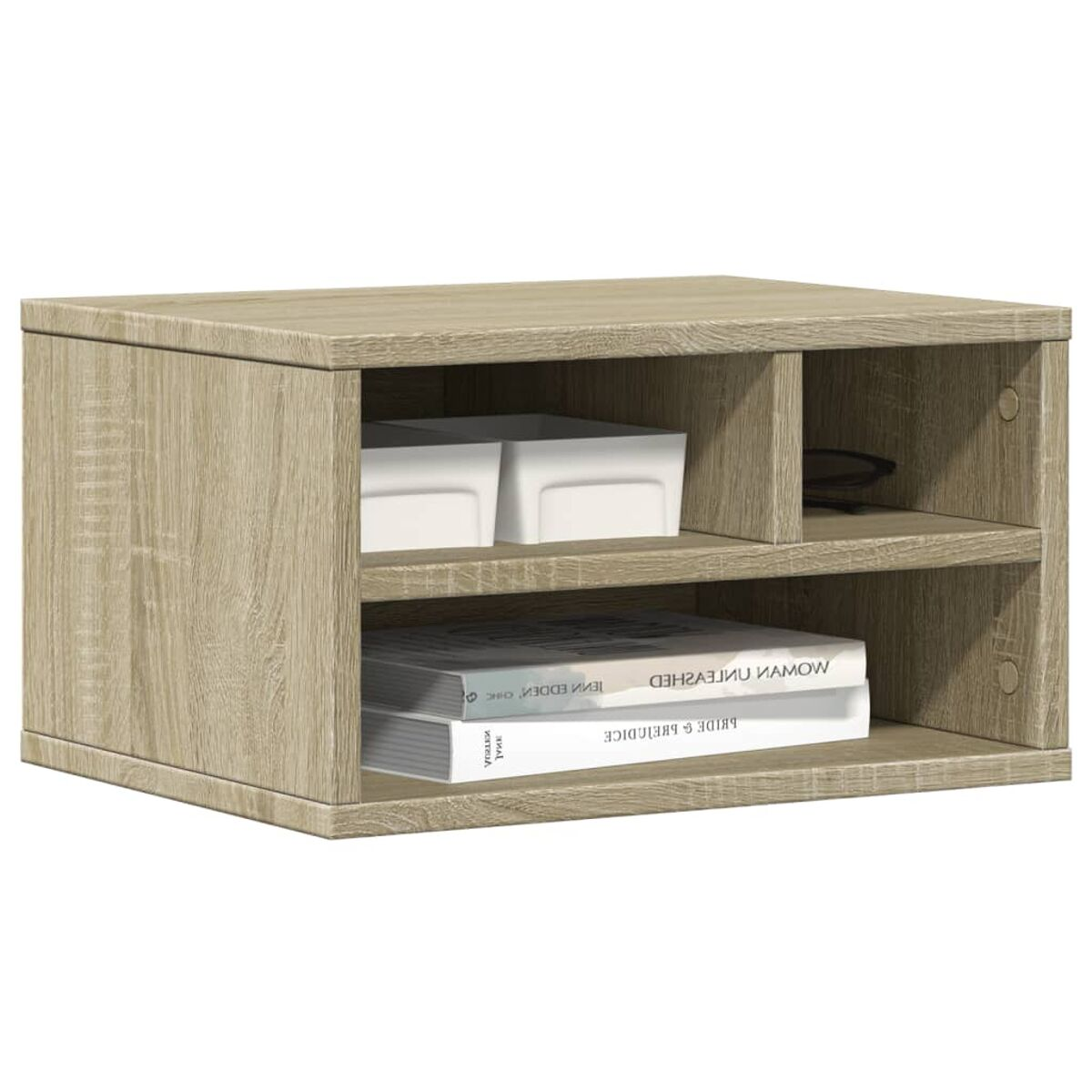 Ein Holzschrank mit zwei Regalen. Weiße Behälter und Bücher sind darin. Der Schrank ist hellbraun.