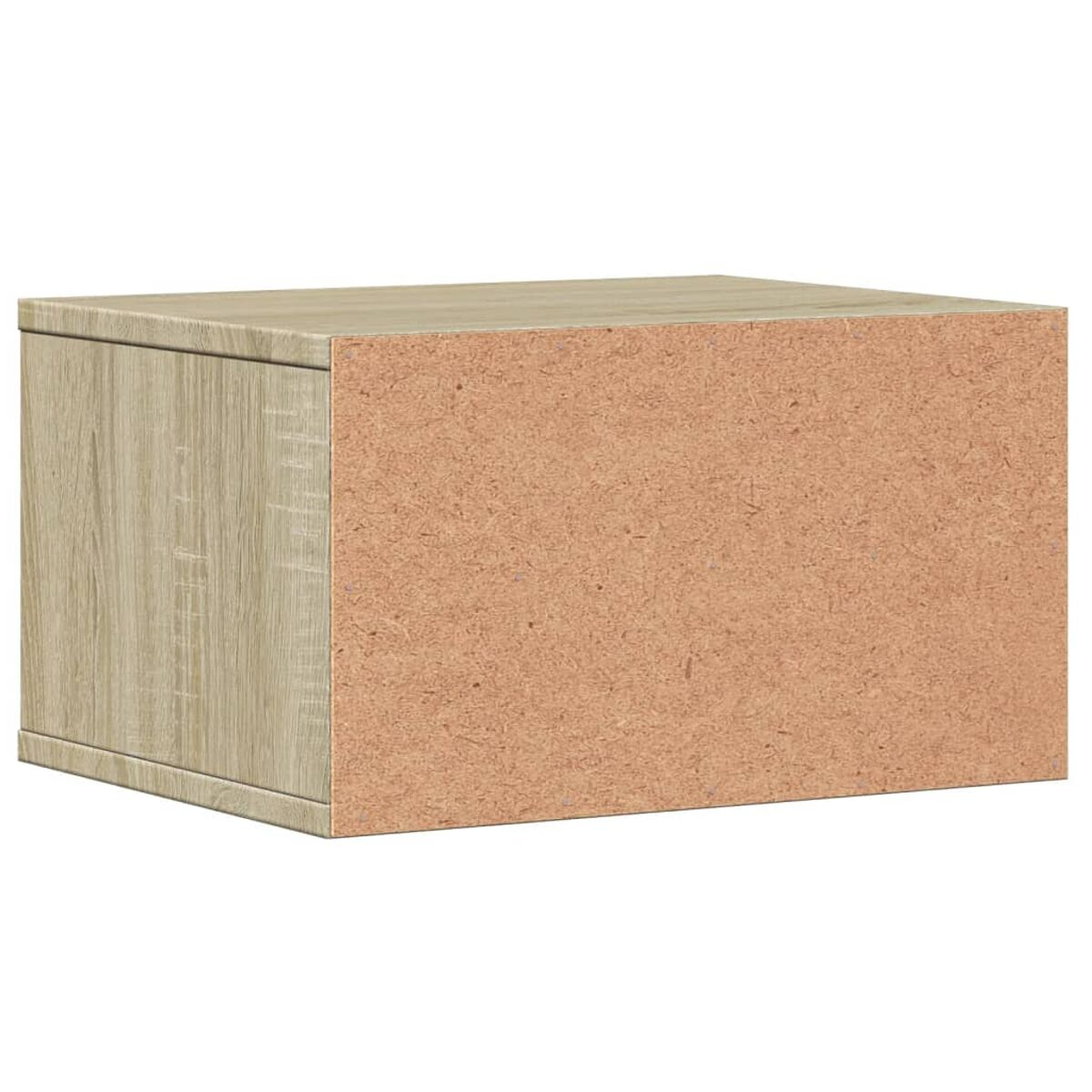 Holzschrank in hellbraunem Farbton. Zeigt die Rückseite des Schranks mit einer braunen Holzrückwand.