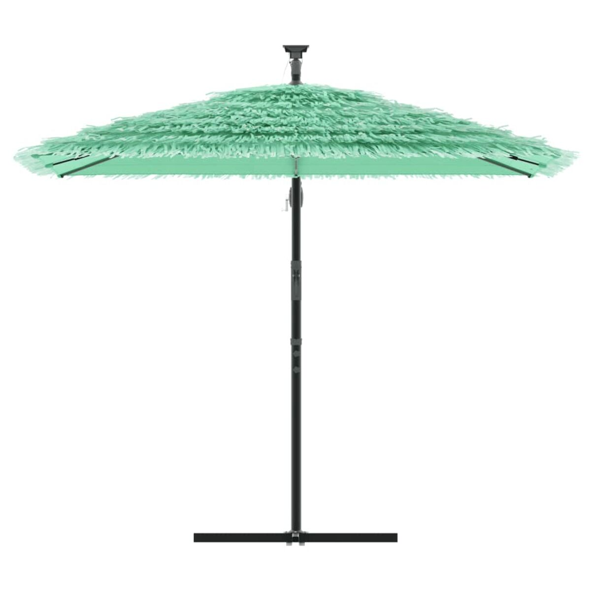 Un ombrello aperto, con frange, verde menta, è posto su sfondo bianco.