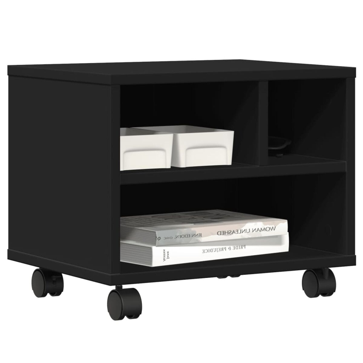 Schwarzer Rollschrank mit offenen Regalen. Er enthält weiße Tabletts und Bücher.