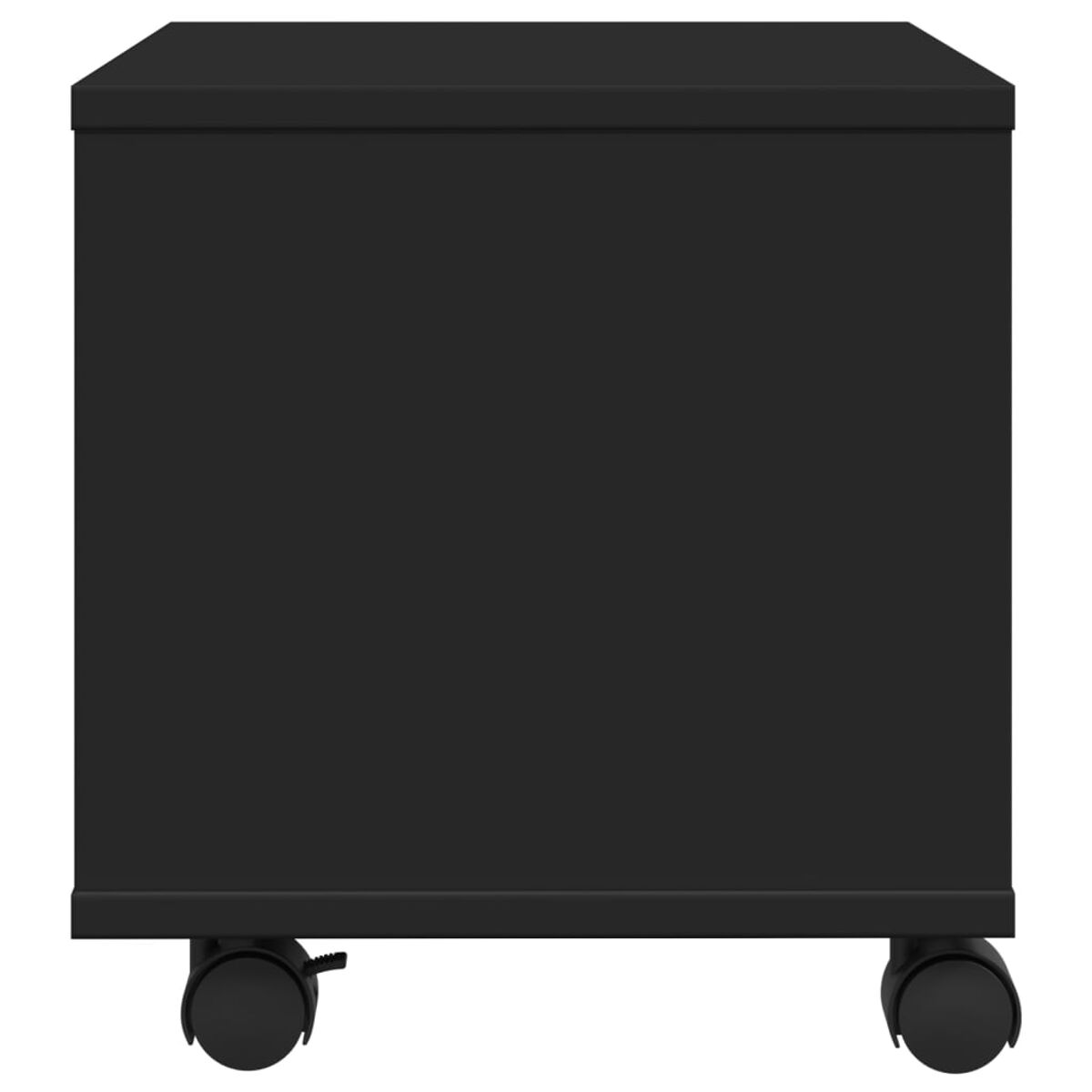 Schwarzer Schrank auf Rädern. Er ist rechteckig und hat eine glatte, matte Oberfläche.