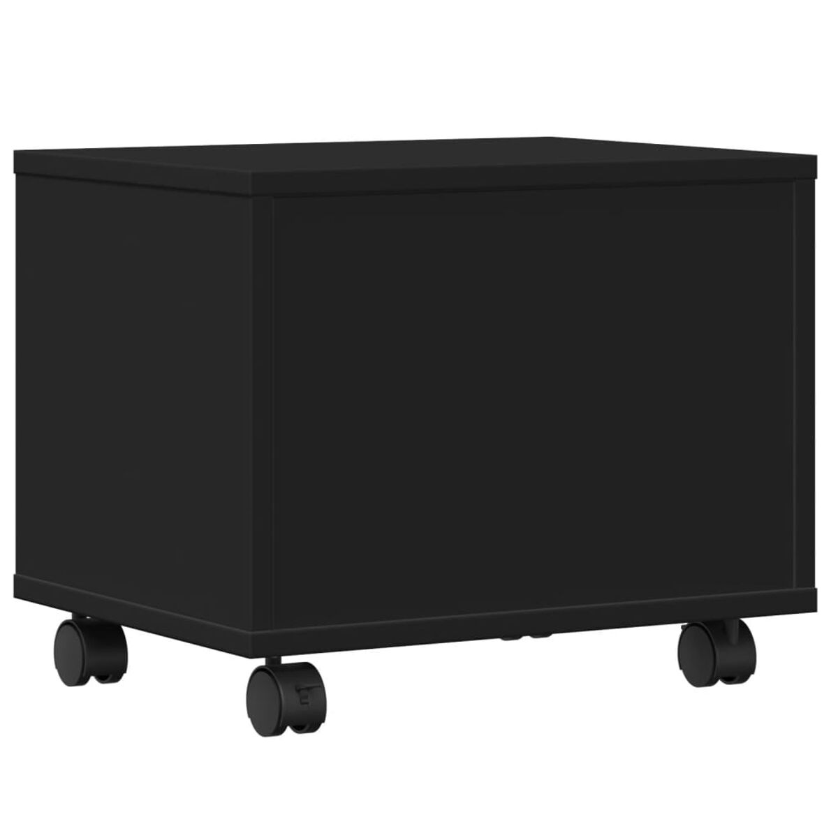 Ein schwarzer Aufbewahrungsschrank auf Rädern. Der Schrank ist ein massiver schwarzer Würfel mit vier Rädern unten.