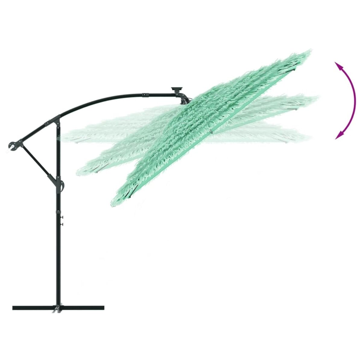 Un ombrellone da esterno con una tenda verde. La tenda è angolata e la freccia indica la direzione.